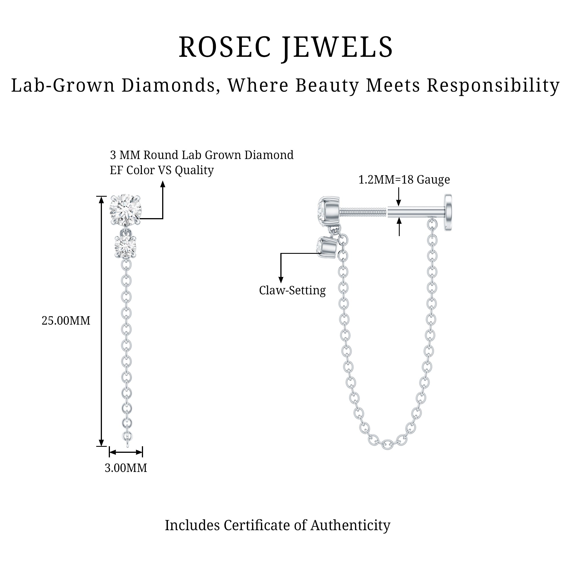 Certified Diamond Chain Drop Earring for Helix Piercing Lab - ( EF-VS ) - Rosec Jewels