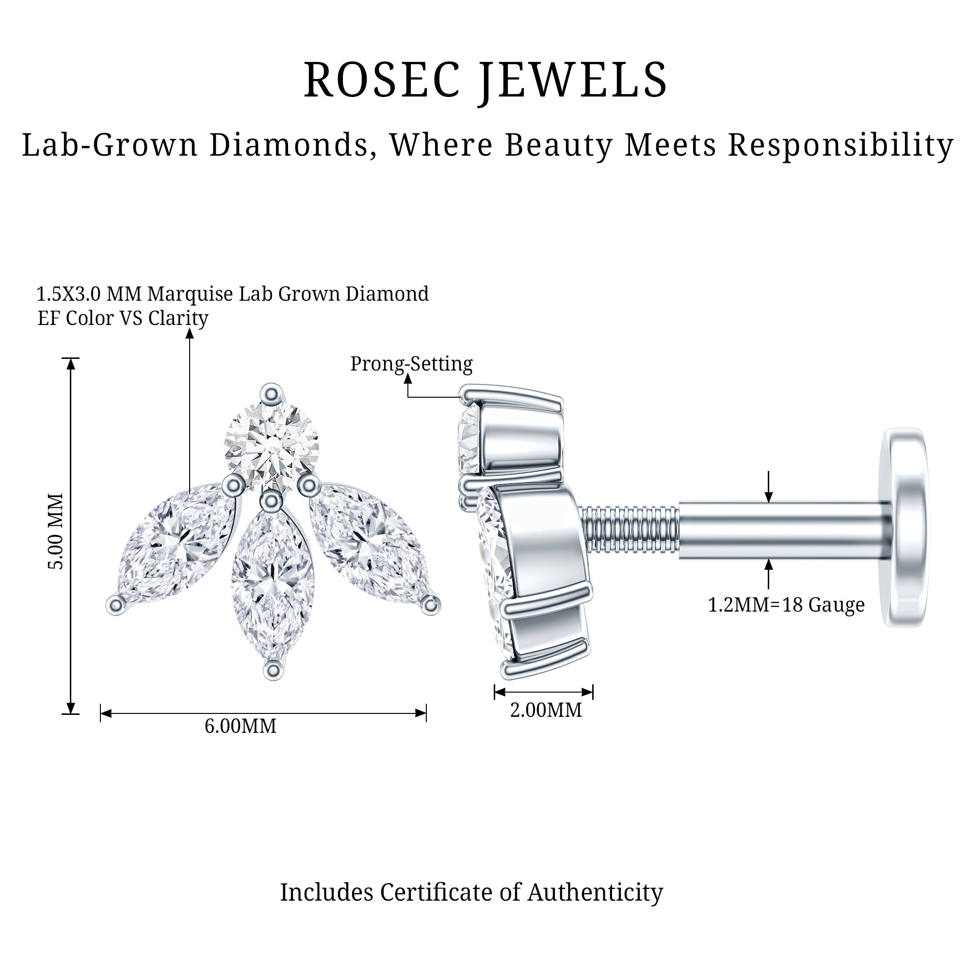 Marquise Shape Diamond Leaf Earring for Helix Piercing Lab - ( EF-VS ) - Rosec Jewels