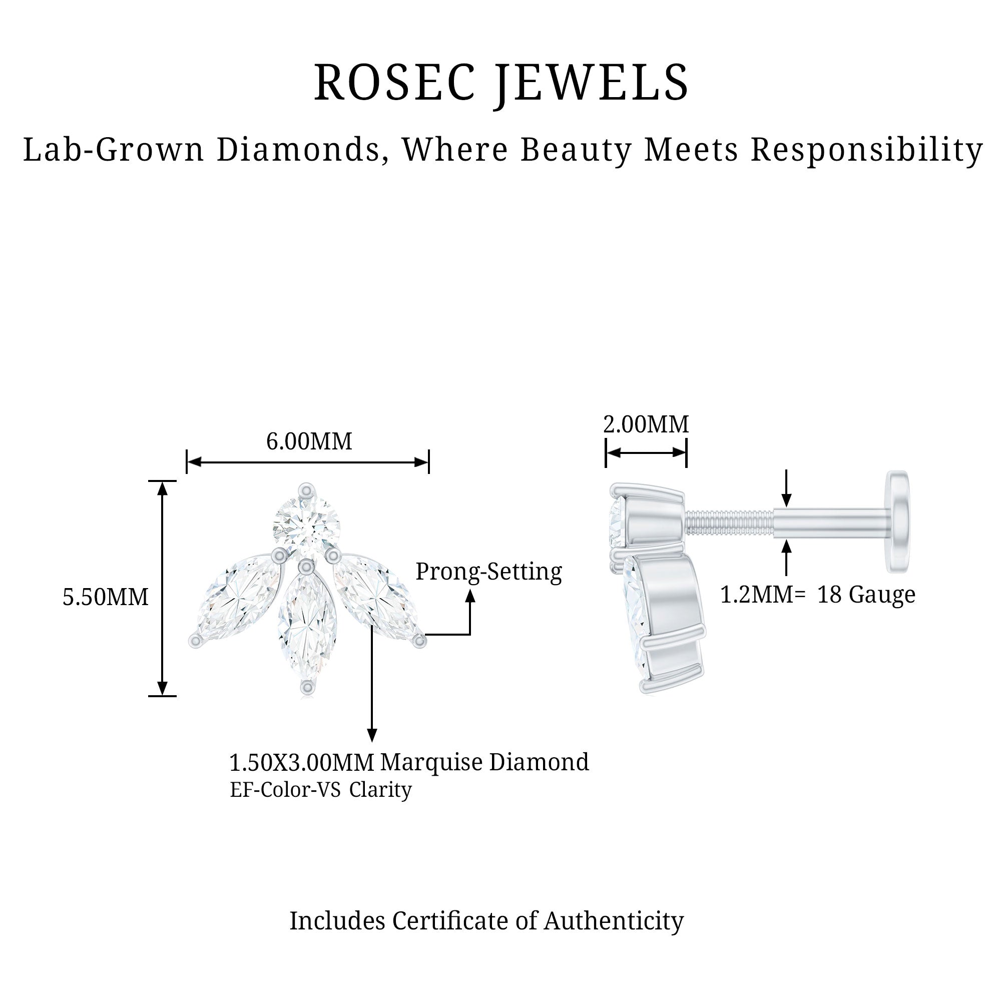 Marquise Shape Diamond Leaf Earring for Helix Piercing Lab - ( EF-VS ) - Rosec Jewels