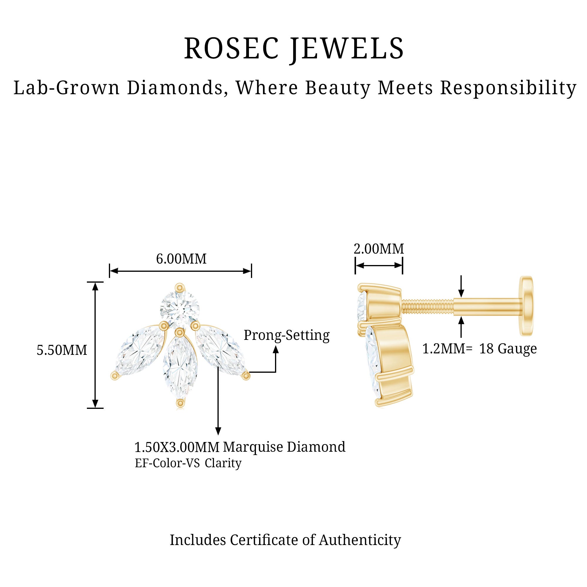 Marquise Shape Diamond Leaf Earring for Helix Piercing Lab - ( EF-VS ) - Rosec Jewels