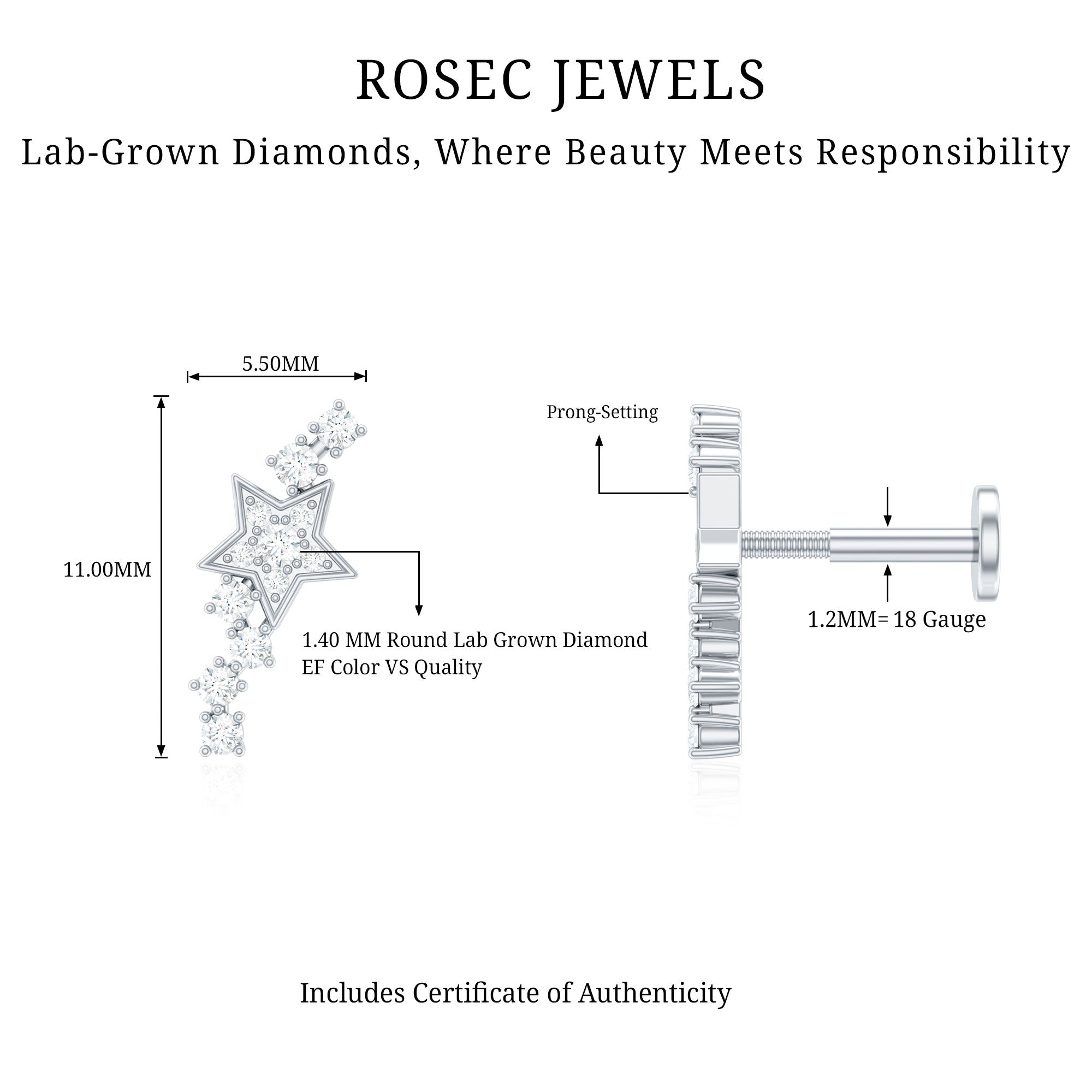 Certified Diamond Star Crawler Earring for Helix Piercing Lab - ( EF-VS ) - Rosec Jewels