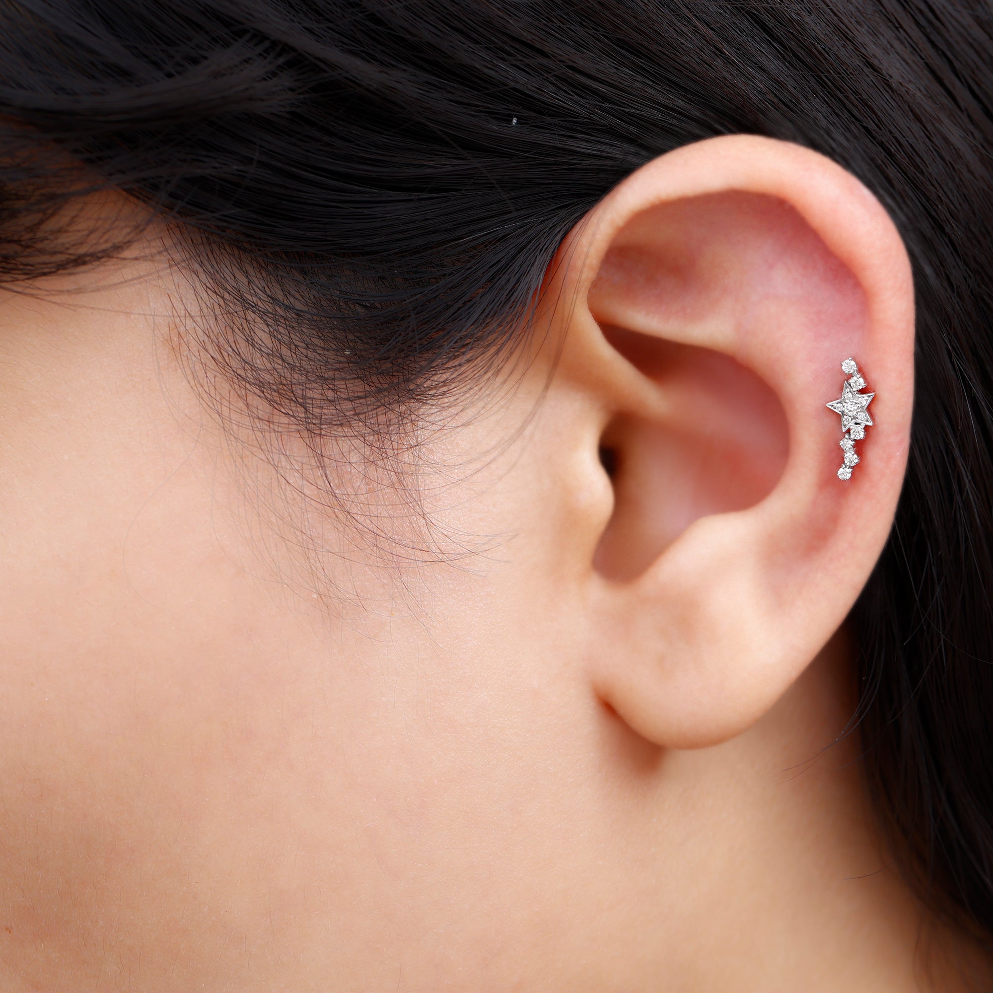 Certified Diamond Star Crawler Earring for Helix Piercing Lab - ( EF-VS ) - Rosec Jewels