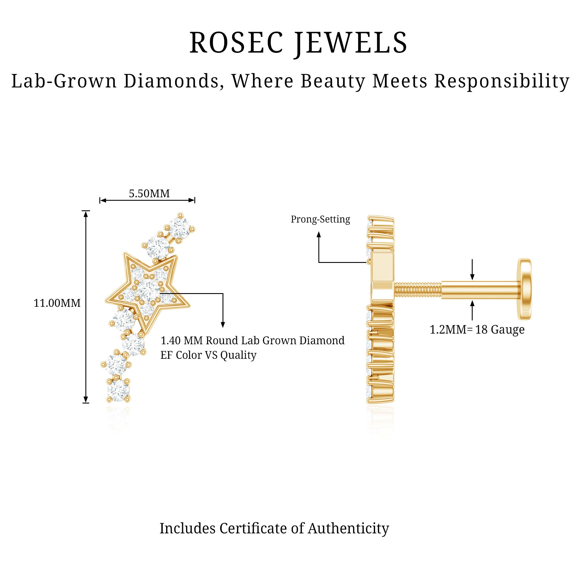 Certified Diamond Star Crawler Earring for Helix Piercing Lab - ( EF-VS ) - Rosec Jewels