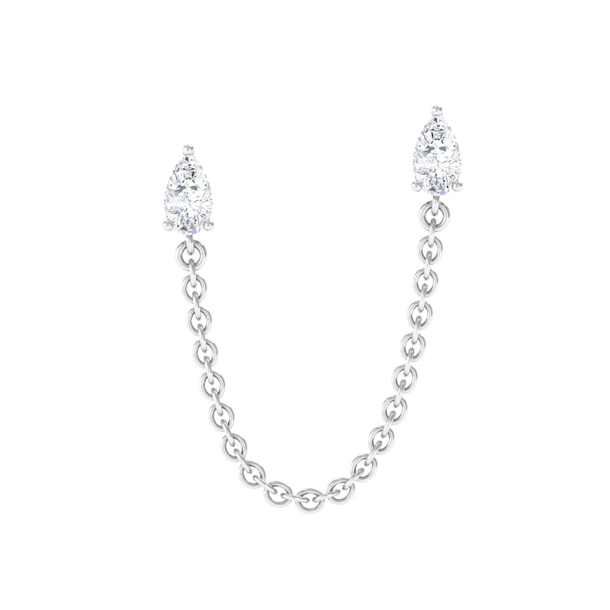 Pear Moissanite Double Piercing Earring with Dangling Chain D-VS1 - Rosec Jewels