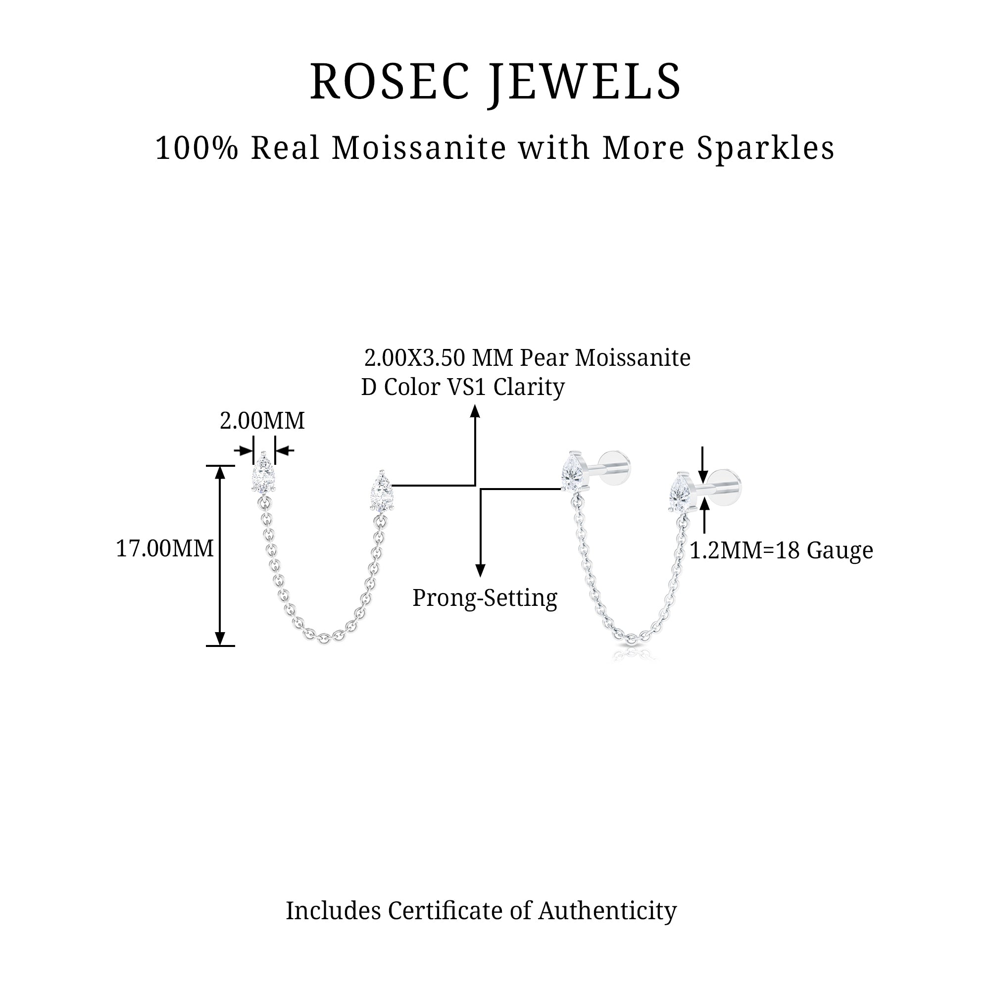Pear Moissanite Double Piercing Earring with Dangling Chain D-VS1 - Rosec Jewels