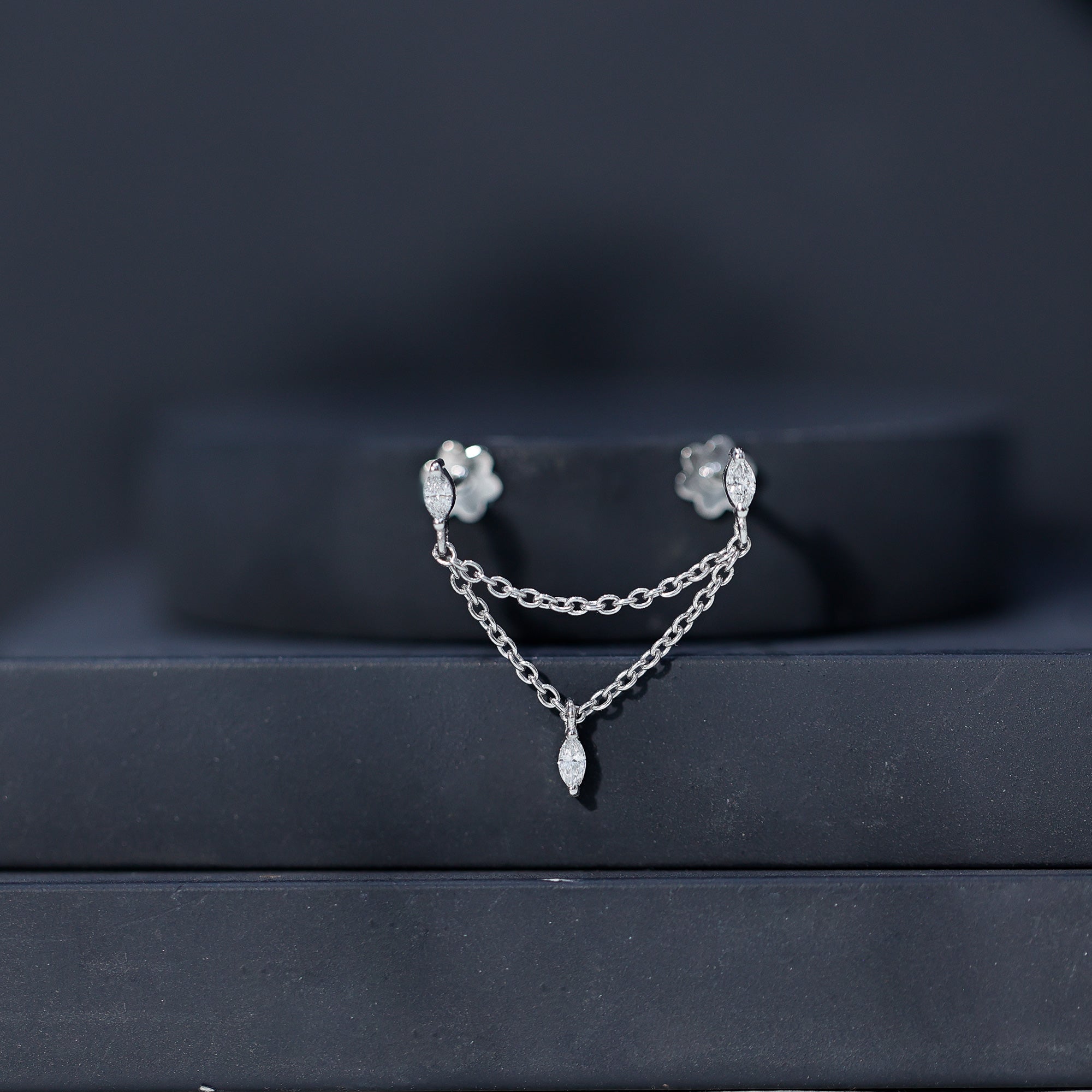 Marquise Moissanite Double Chain Earring for Women D-VS1 - Rosec Jewels