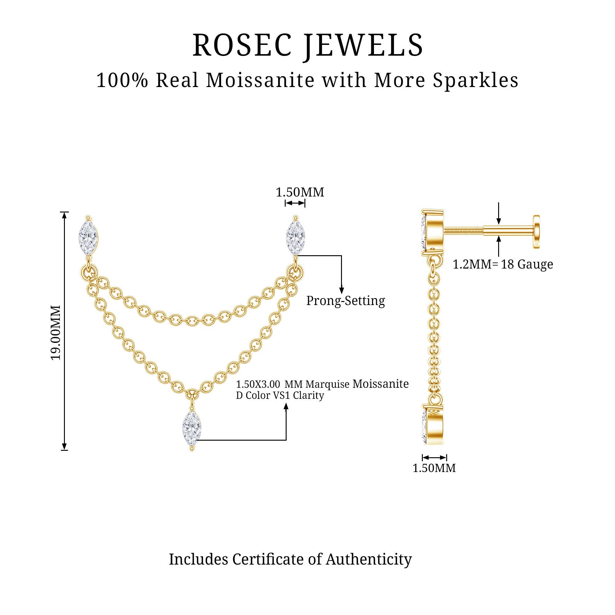 Marquise Moissanite Double Chain Earring for Women D-VS1 - Rosec Jewels