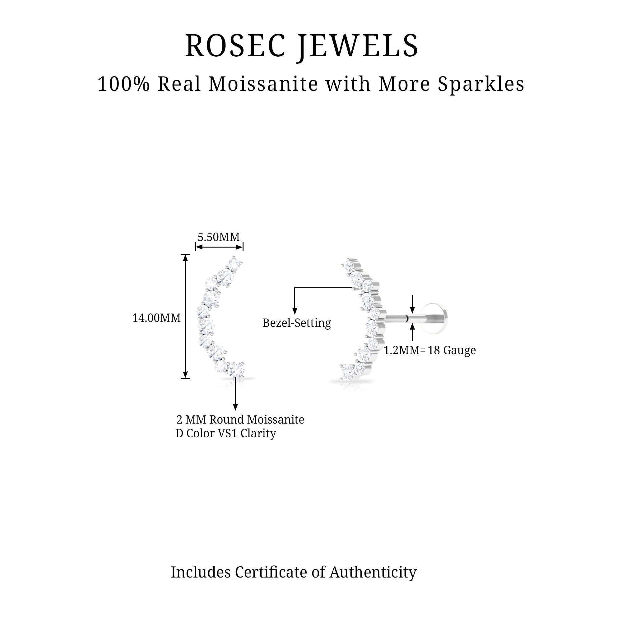 Round Cut Moissanite Ear Crawler Earring for Helix Piercing D-VS1 - Rosec Jewels