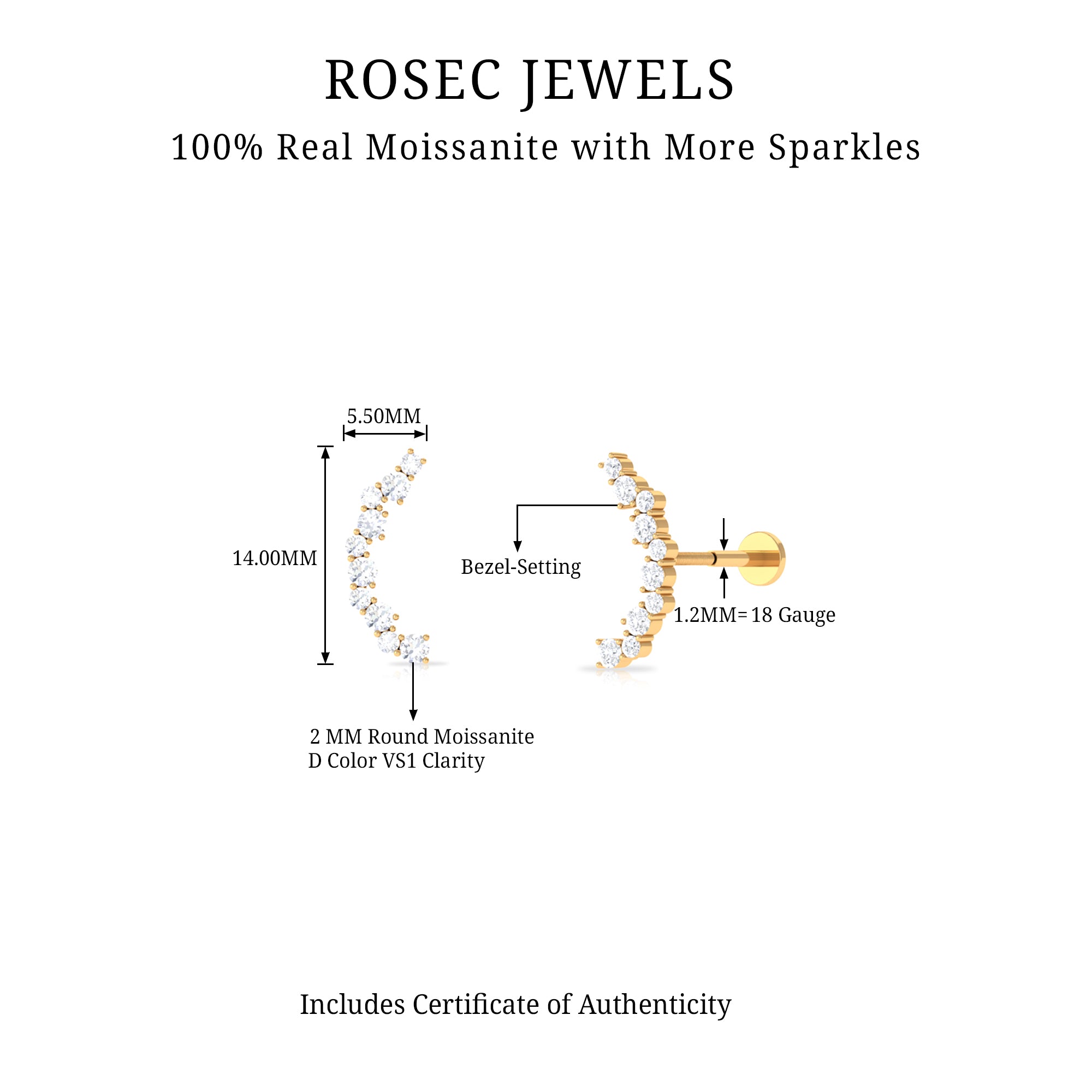 Round Cut Moissanite Ear Crawler Earring for Helix Piercing D-VS1 - Rosec Jewels