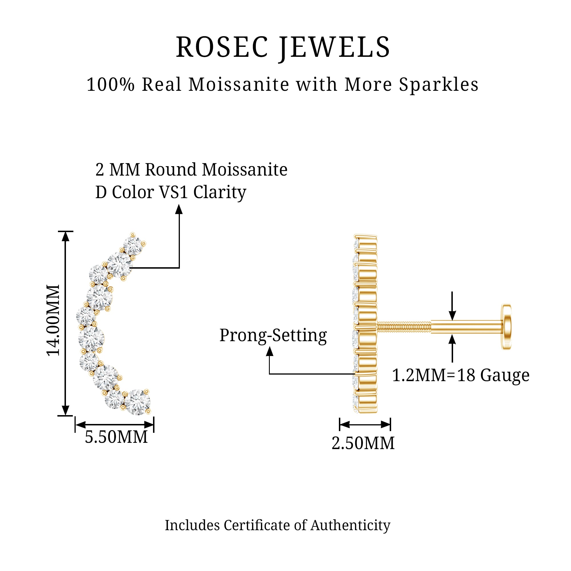 Round Cut Moissanite Ear Crawler Earring for Helix Piercing D-VS1 - Rosec Jewels