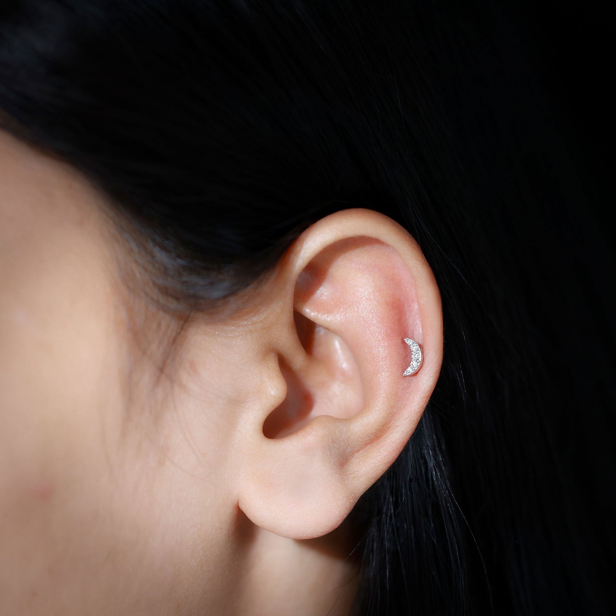 Natural Diamond Moon Earring for Cartilage Piercing Natural - ( HI-SI ) - Rosec Jewels