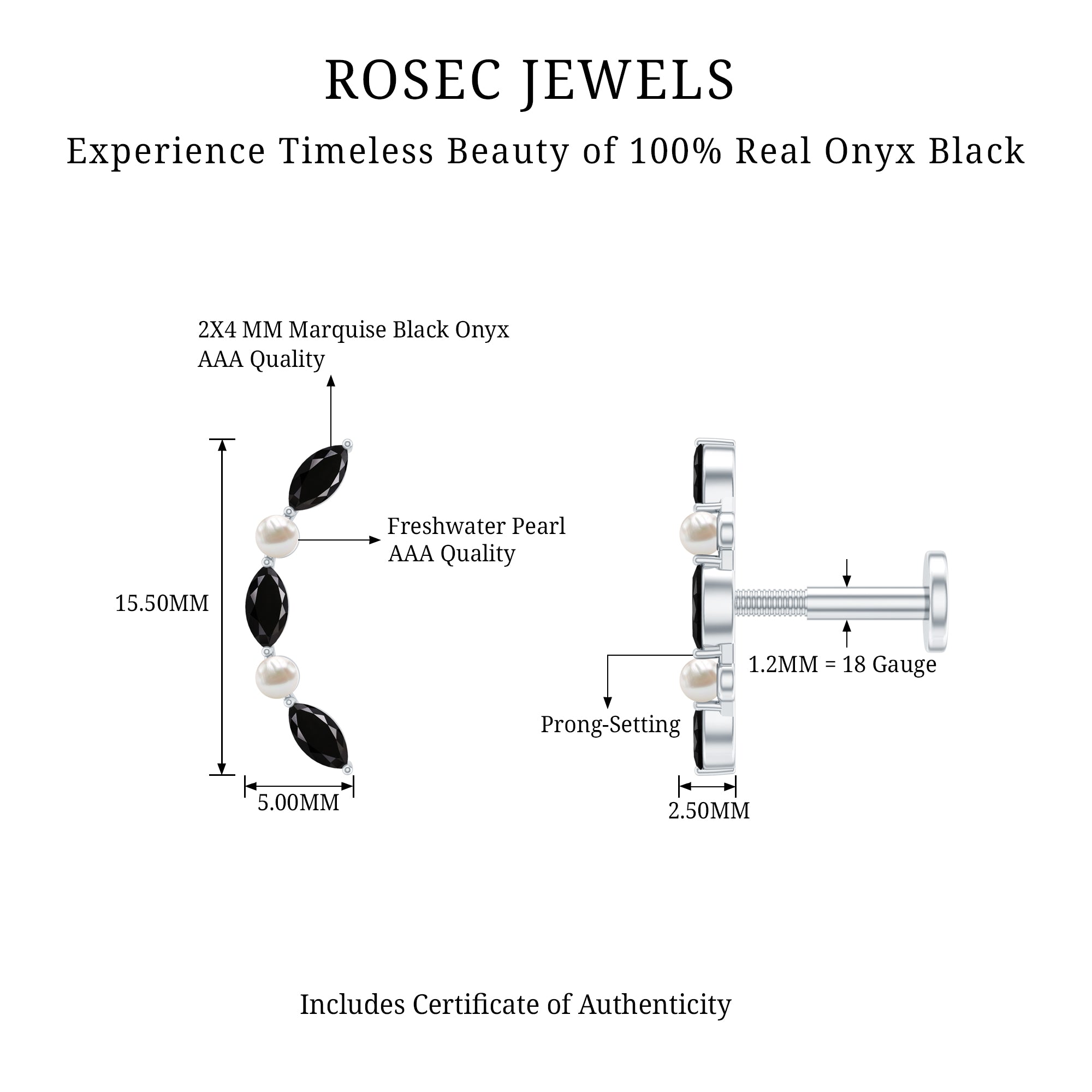 Black Onyx and Pearl Ear Crawler Earring for Helix Piercing AAA - Rosec Jewels