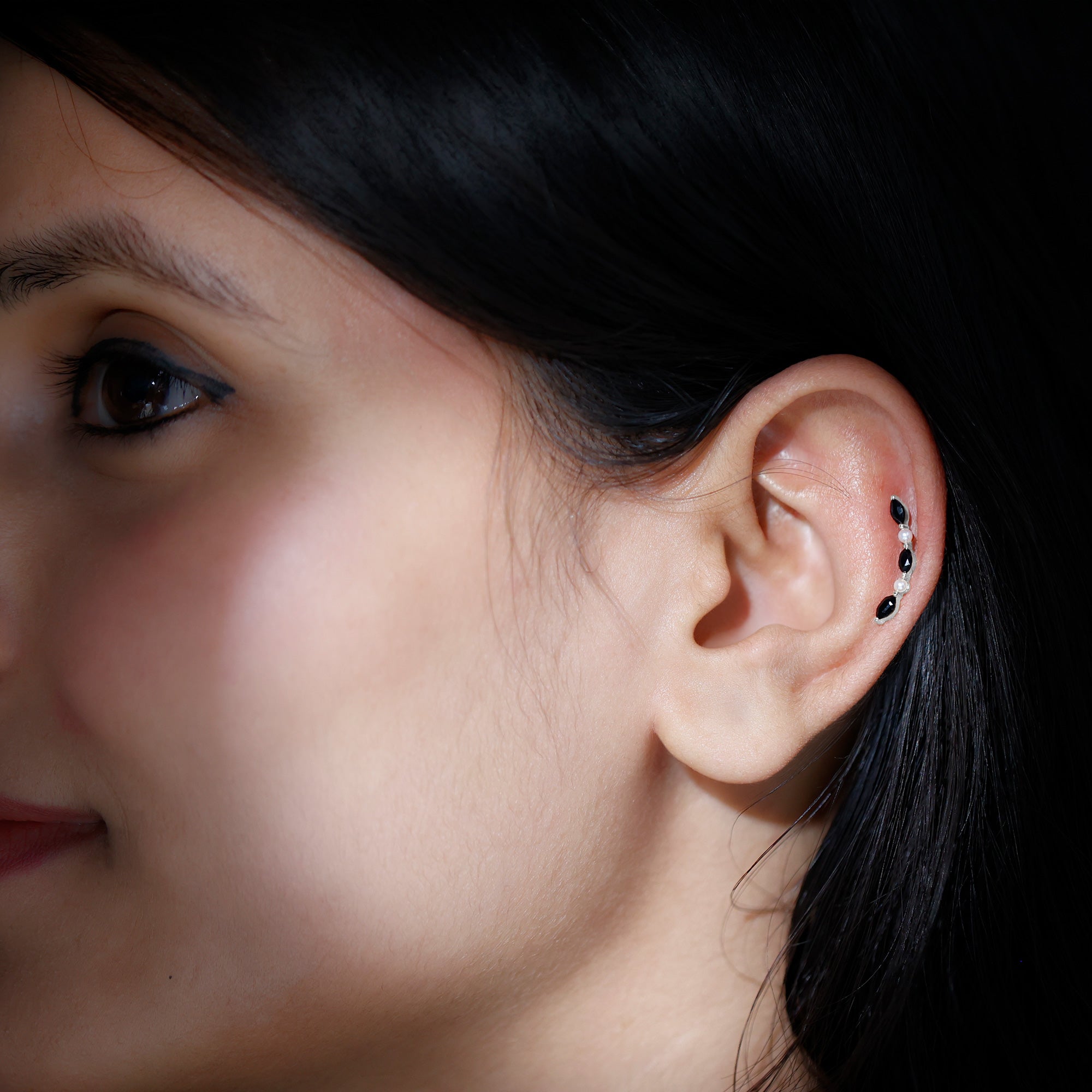 Black Onyx and Pearl Ear Crawler Earring for Helix Piercing AAA - Rosec Jewels