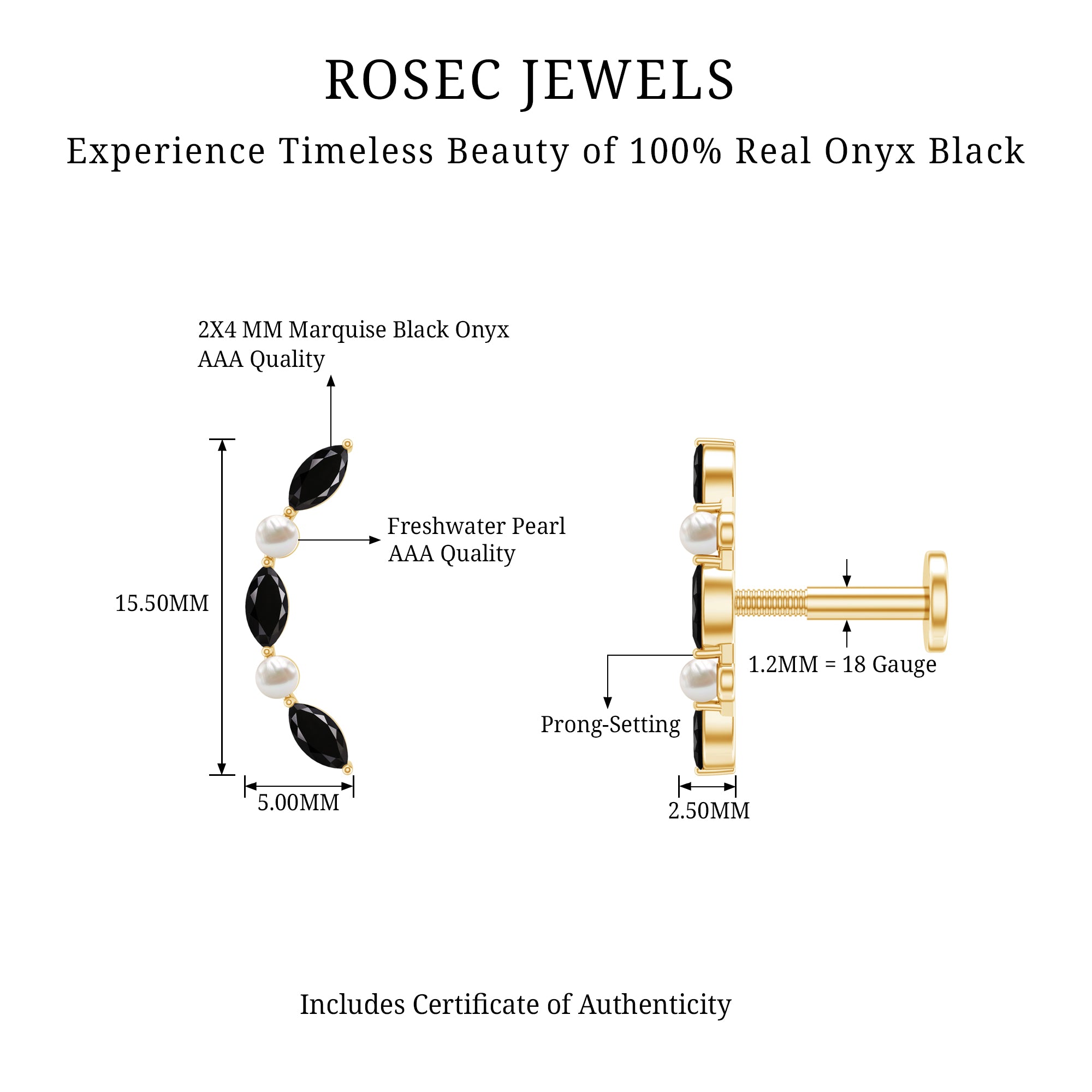 Black Onyx and Pearl Ear Crawler Earring for Helix Piercing AAA - Rosec Jewels