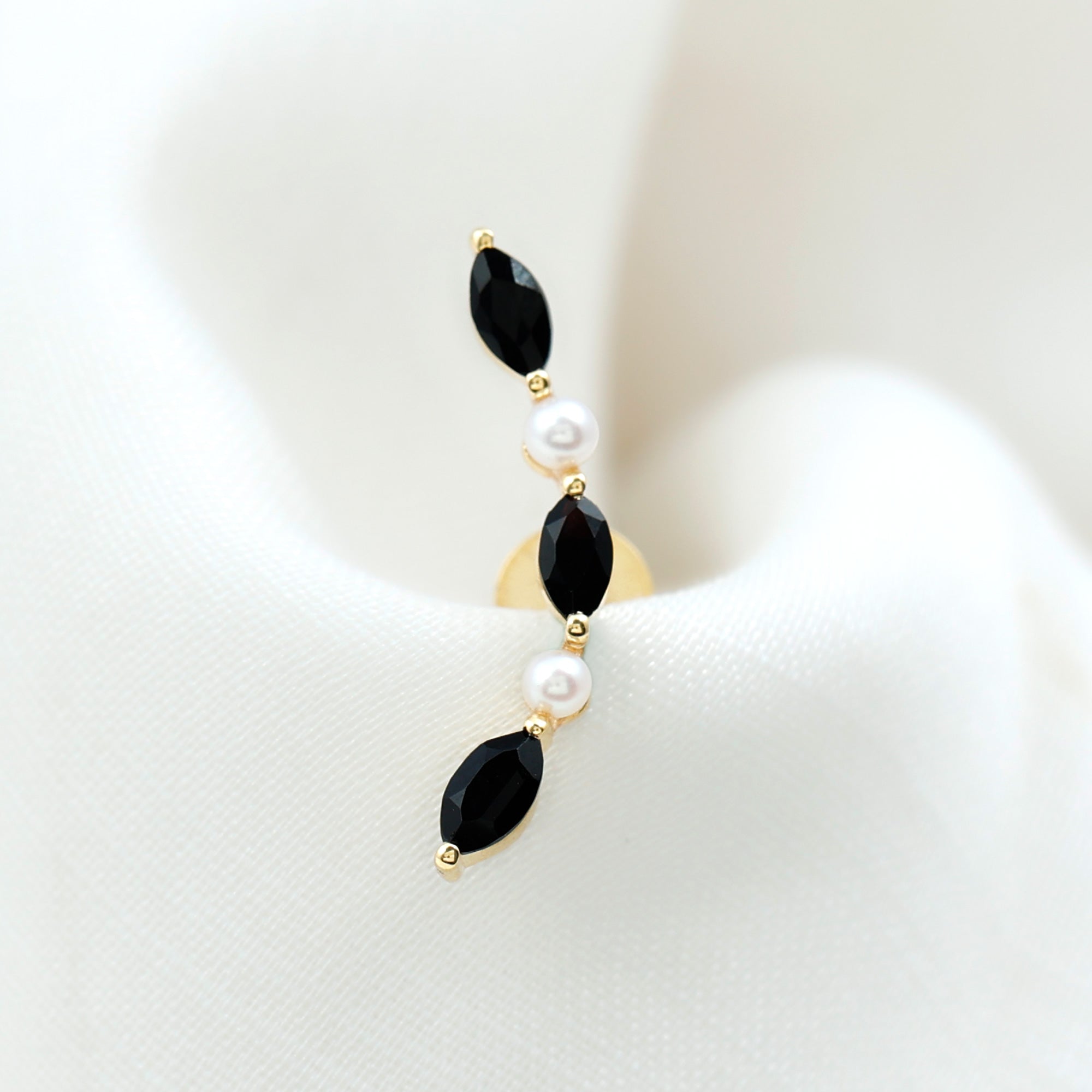 Black Onyx and Pearl Ear Crawler Earring for Helix Piercing AAA - Rosec Jewels