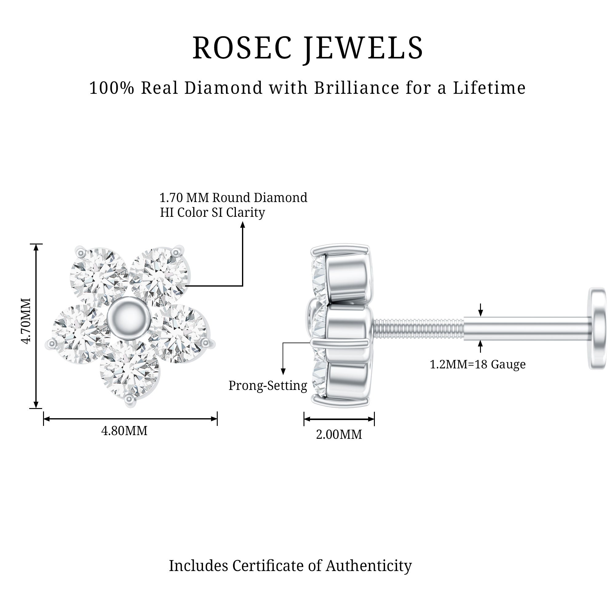 Minimalist Diamond Flower Tragus Earring with Flat Back Natural - ( HI-SI ) - Rosec Jewels