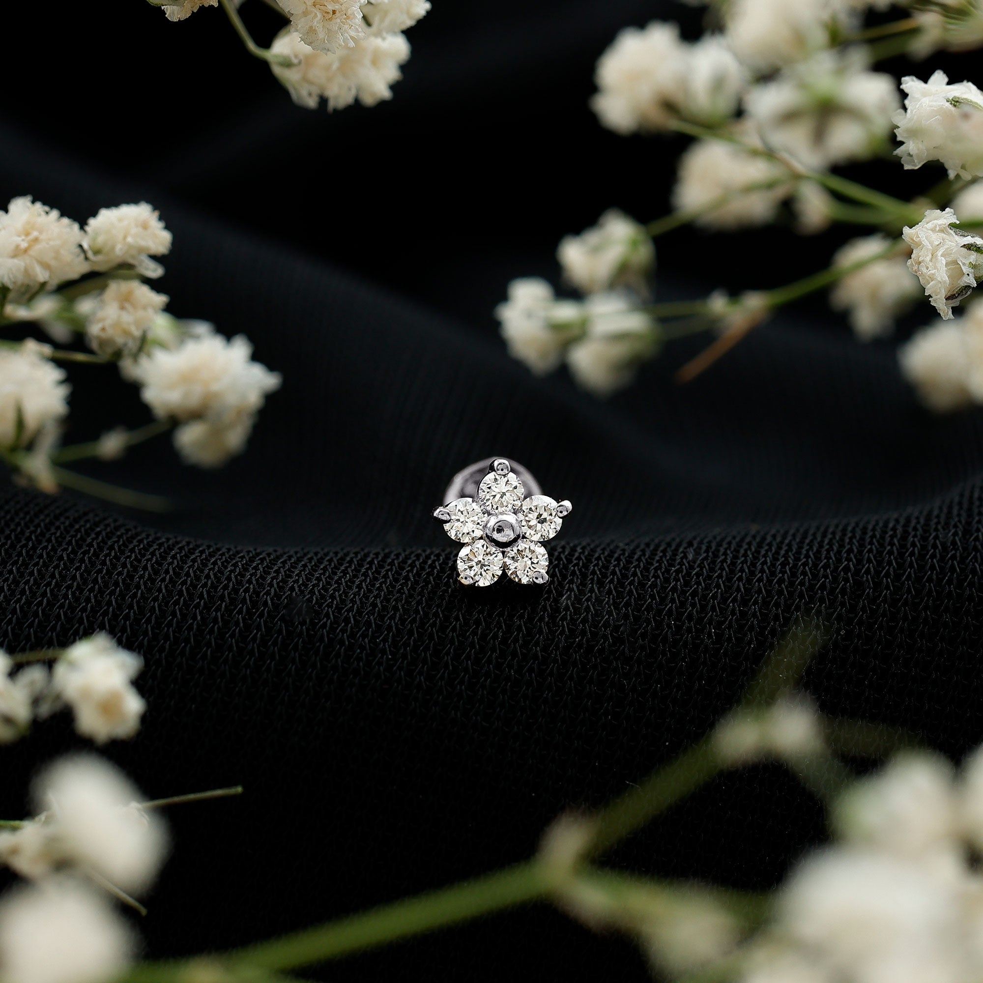 Minimalist Diamond Flower Tragus Earring with Flat Back Natural - ( HI-SI ) - Rosec Jewels