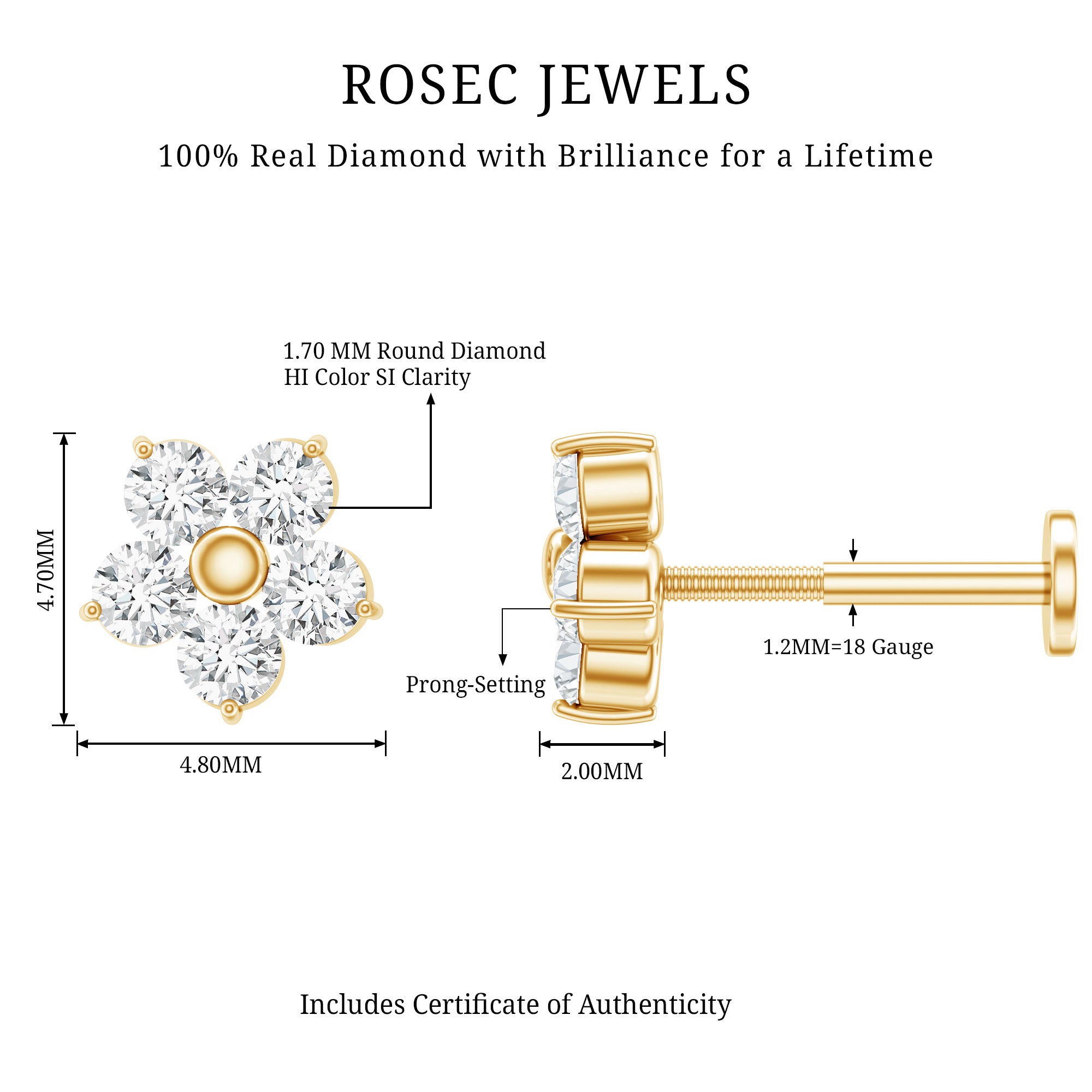 Minimalist Diamond Flower Tragus Earring with Flat Back Natural - ( HI-SI ) - Rosec Jewels