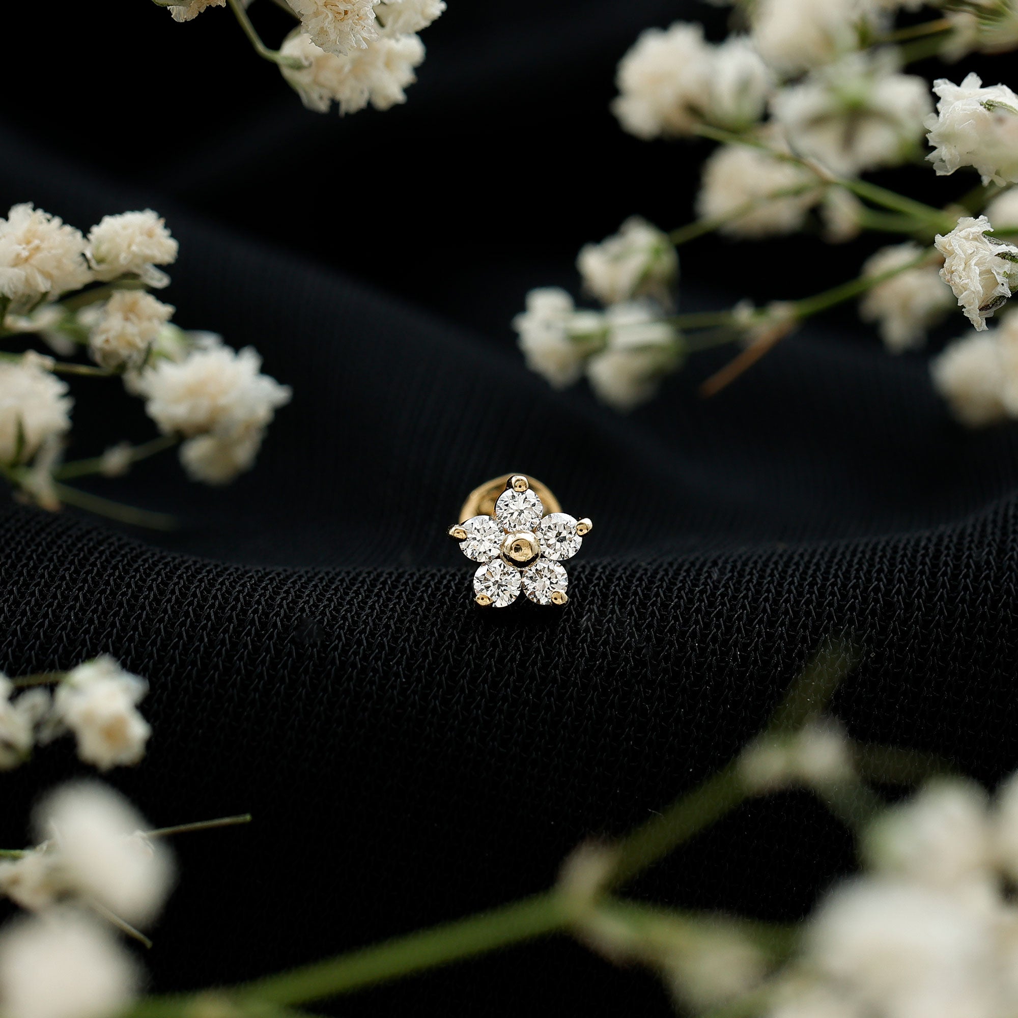 Minimalist Diamond Flower Tragus Earring with Flat Back Natural - ( HI-SI ) - Rosec Jewels