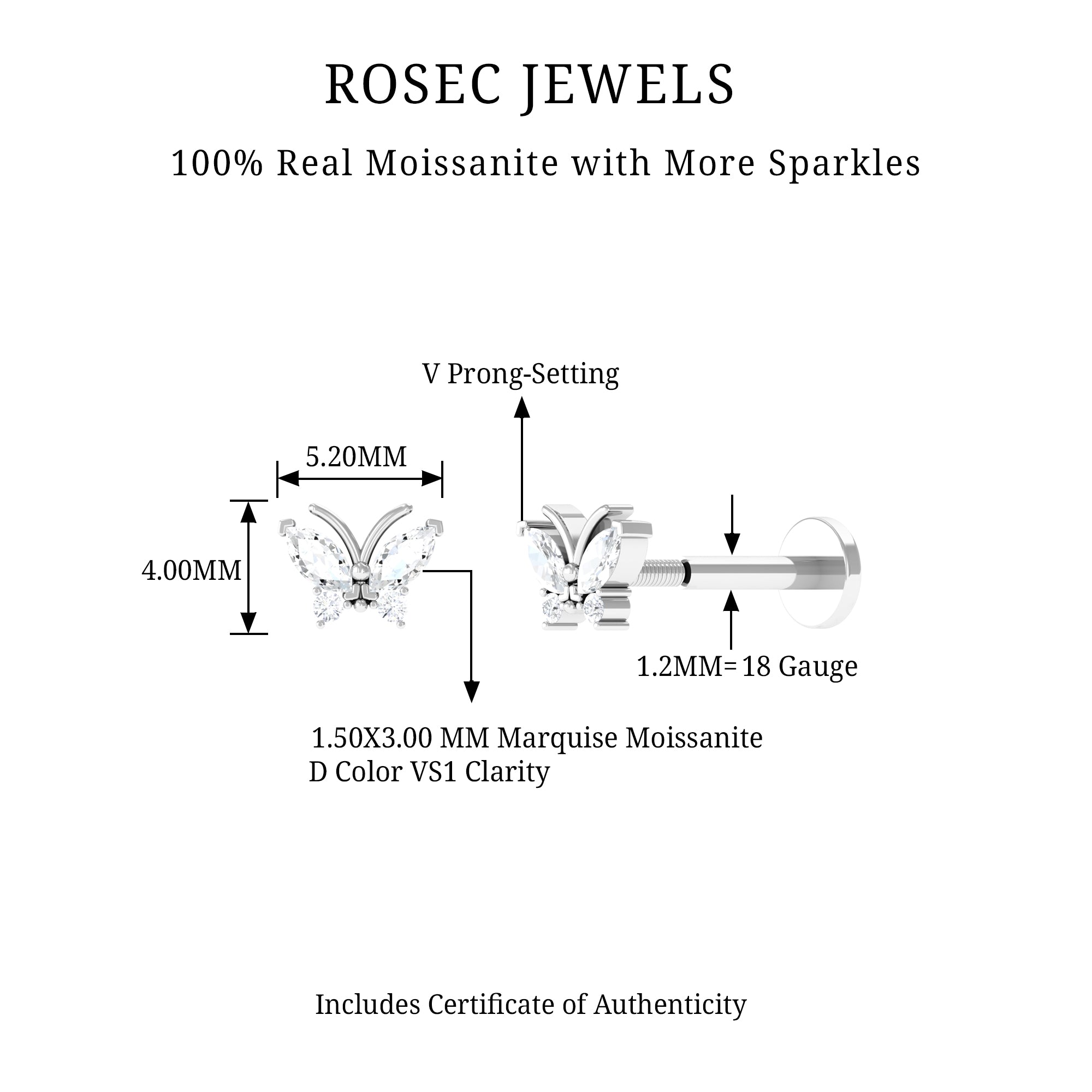 Marquise Moissanite Butterfly Cartilage Earring D-VS1 - Rosec Jewels