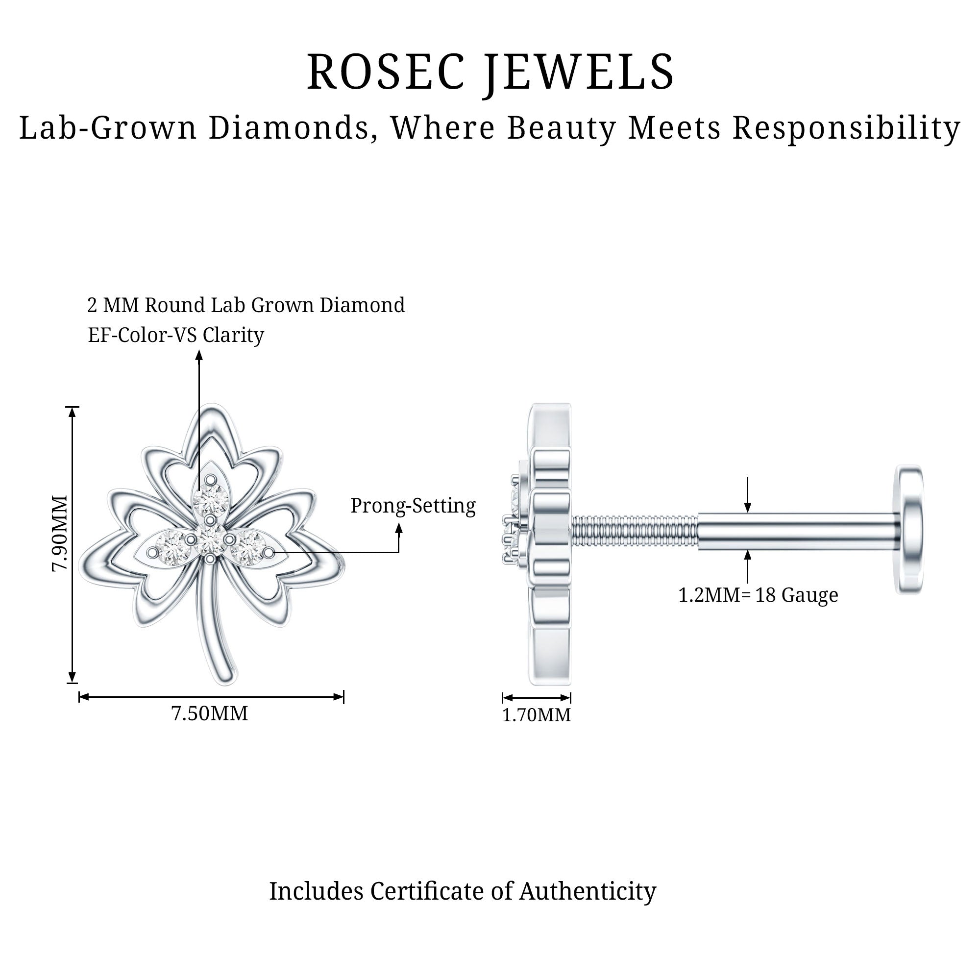 Diamond Nature Inspired Earring for Helix Piercing Lab - ( EF-VS ) - Rosec Jewels