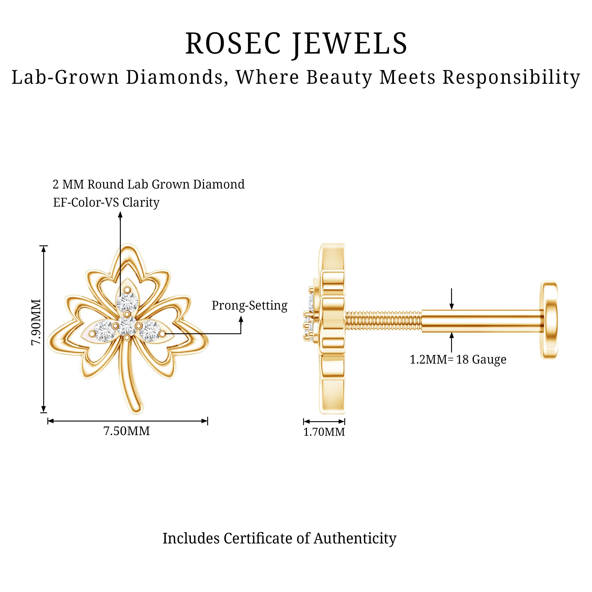 Diamond Nature Inspired Earring for Helix Piercing Lab - ( EF-VS ) - Rosec Jewels