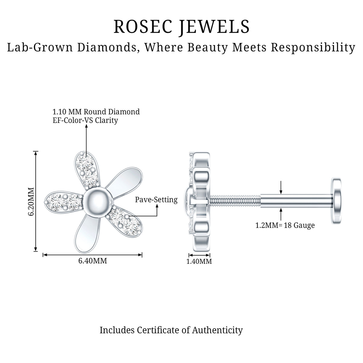 Simple Diamond Floral Earring for Cartilage Piercing Lab - ( EF-VS ) - Rosec Jewels