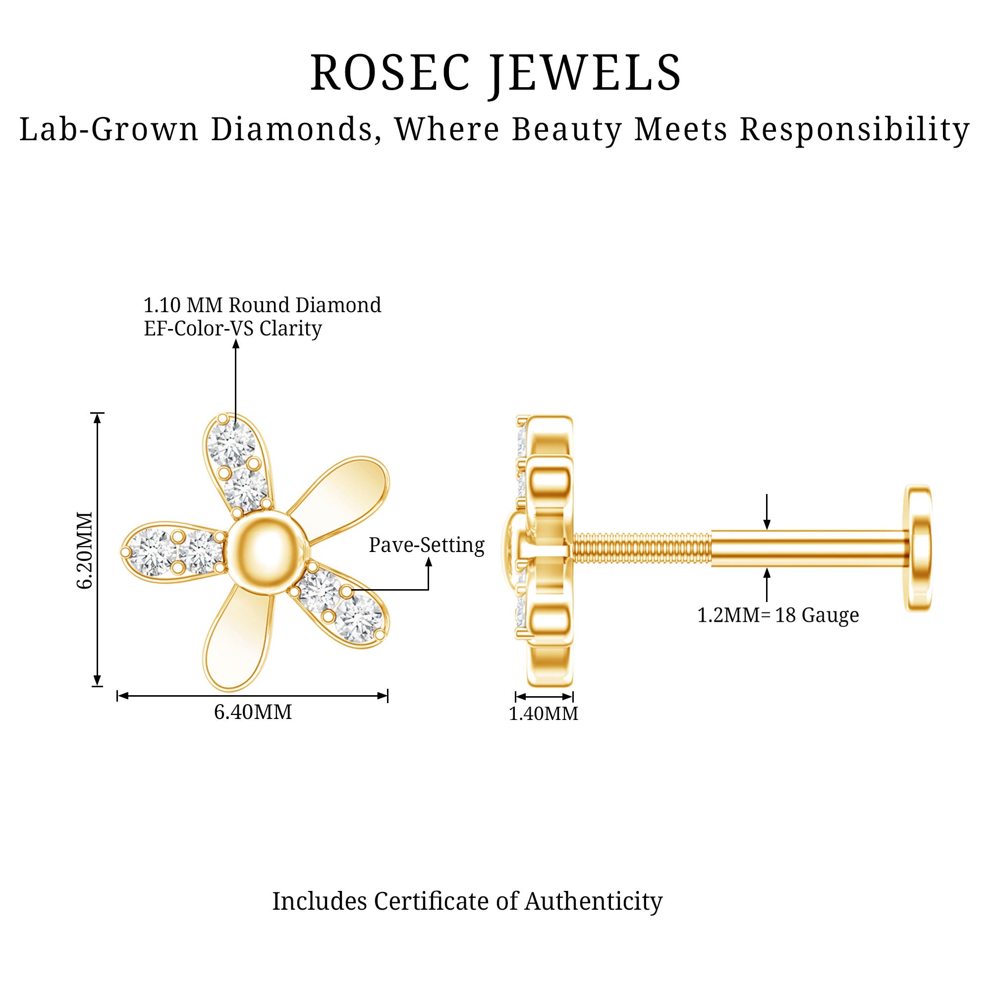 Simple Diamond Floral Earring for Cartilage Piercing Lab - ( EF-VS ) - Rosec Jewels