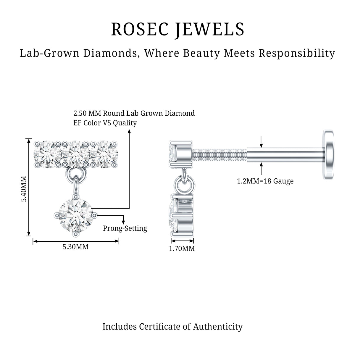 Womens Diamond Drop Earring for Helix Piercing Lab - ( EF-VS ) - Rosec Jewels
