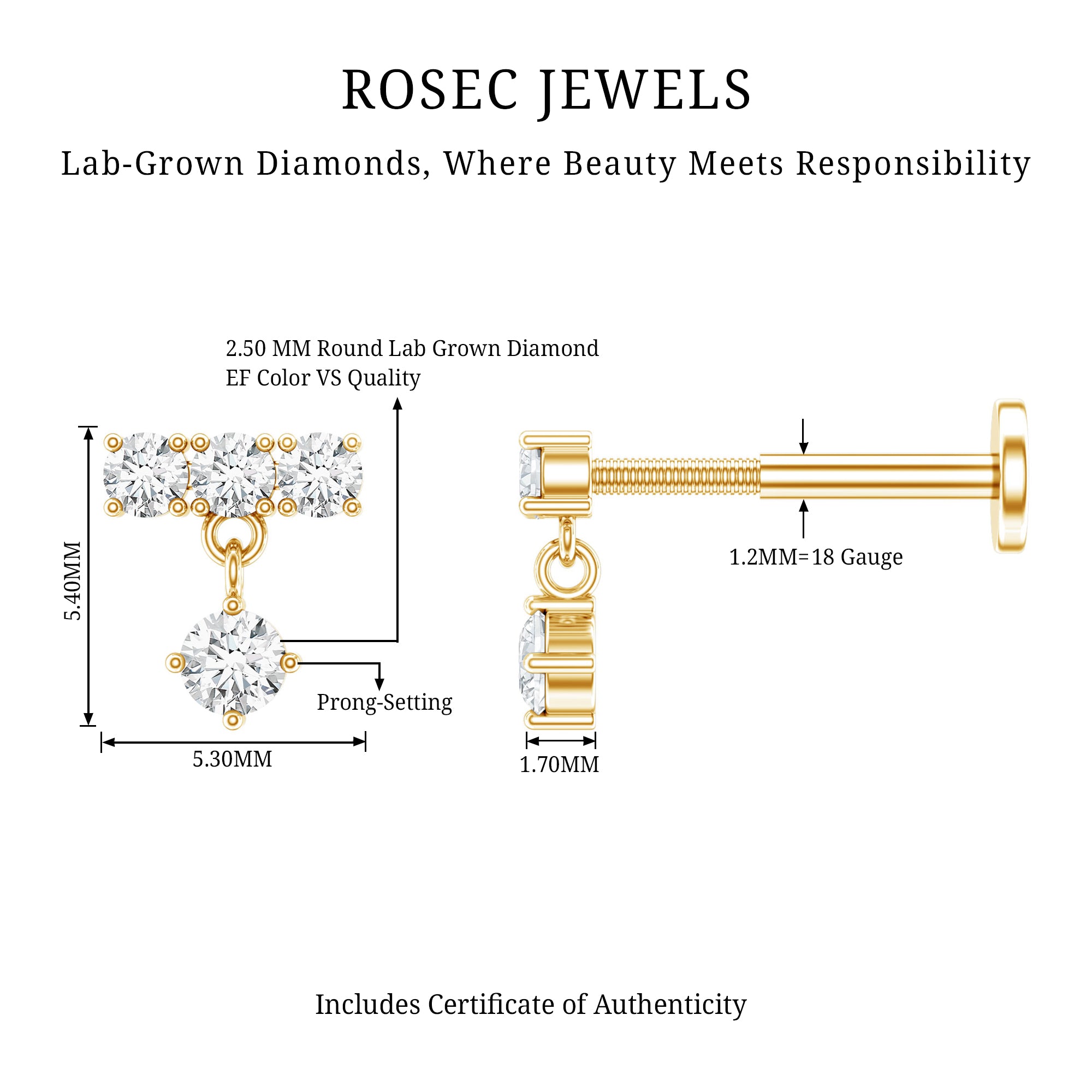 Womens Diamond Drop Earring for Helix Piercing Lab - ( EF-VS ) - Rosec Jewels