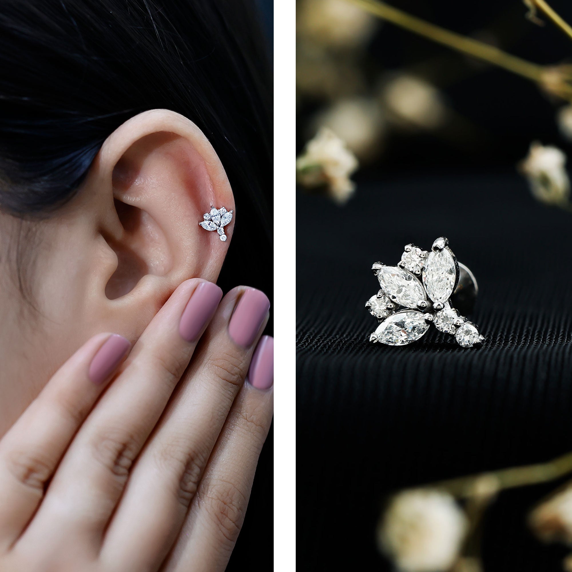 Diamond Lotus Cartilage Earring Lab - ( EF-VS ) - Rosec Jewels