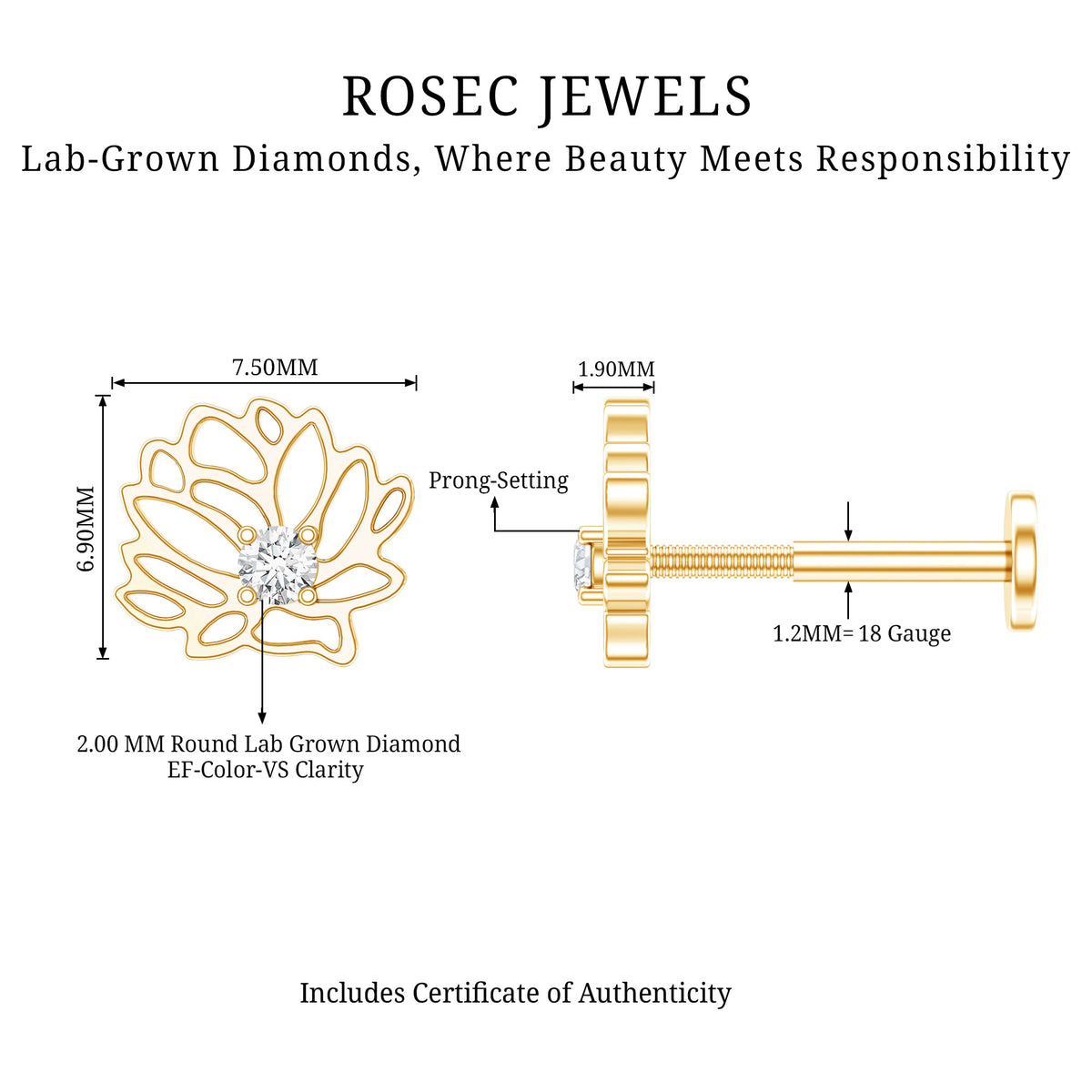 Diamond Lotus Flower Earring for Conch Piercing Lab - ( EF-VS ) - Rosec Jewels
