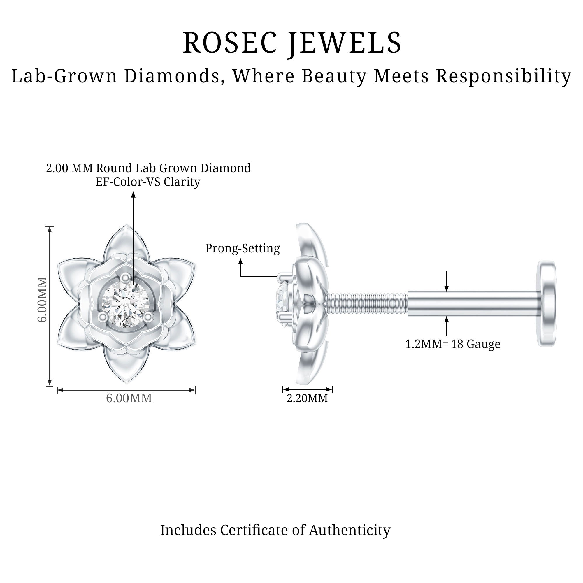 Diamond Lotus Flower Earring for Helix Piercing Lab - ( EF-VS ) - Rosec Jewels