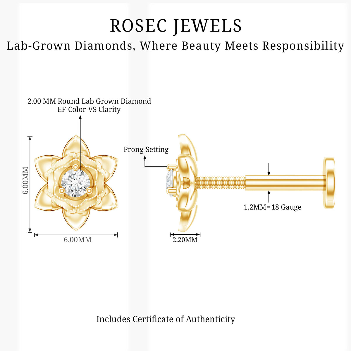 Diamond Lotus Flower Earring for Helix Piercing Lab - ( EF-VS ) - Rosec Jewels