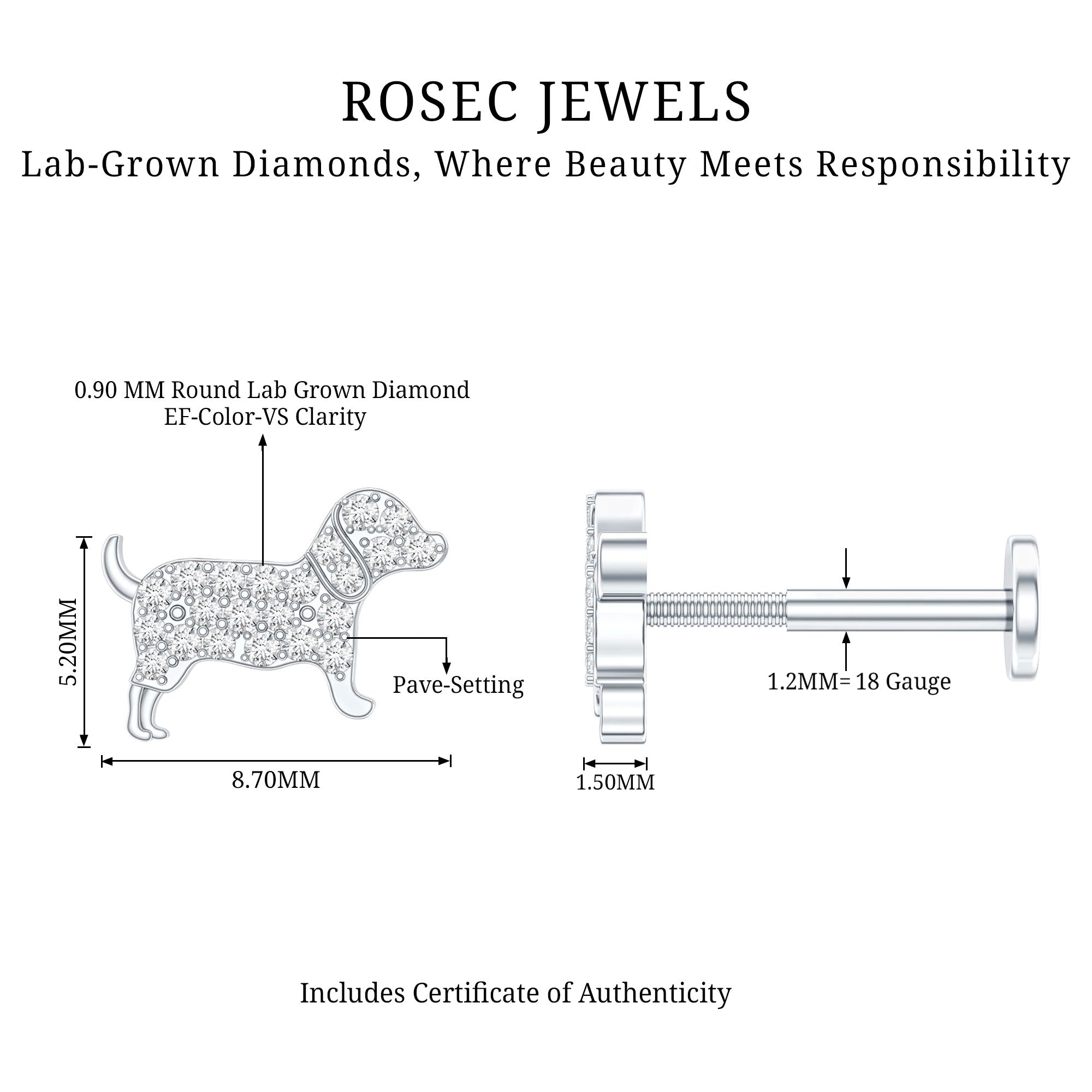 Adorable Diamond Puppy Earring for Helix Piercing Lab - ( EF-VS ) - Rosec Jewels