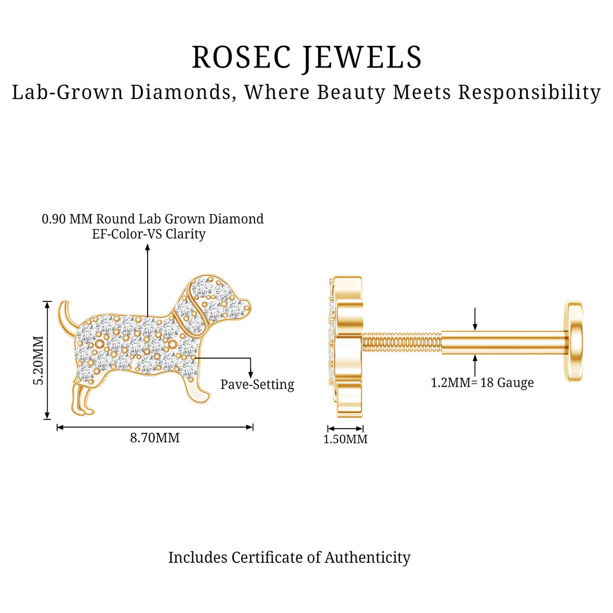 Adorable Diamond Puppy Earring for Helix Piercing Lab - ( EF-VS ) - Rosec Jewels
