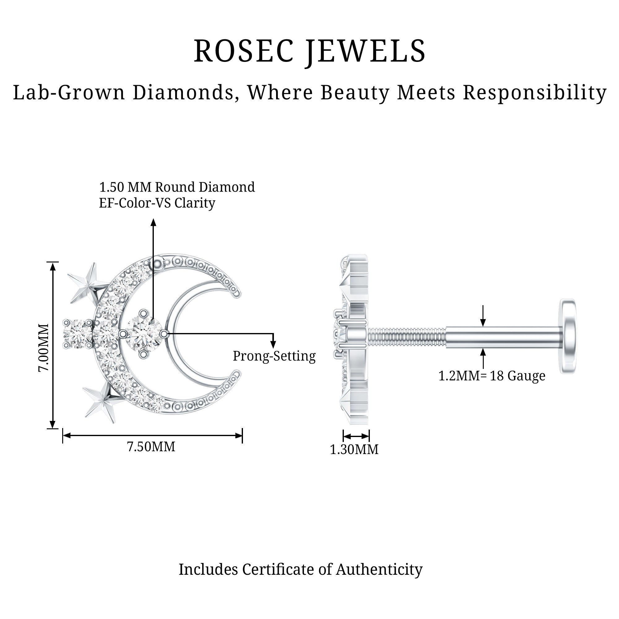 Diamond Star and Moon Earring for Helix Piercing Lab - ( EF-VS ) - Rosec Jewels