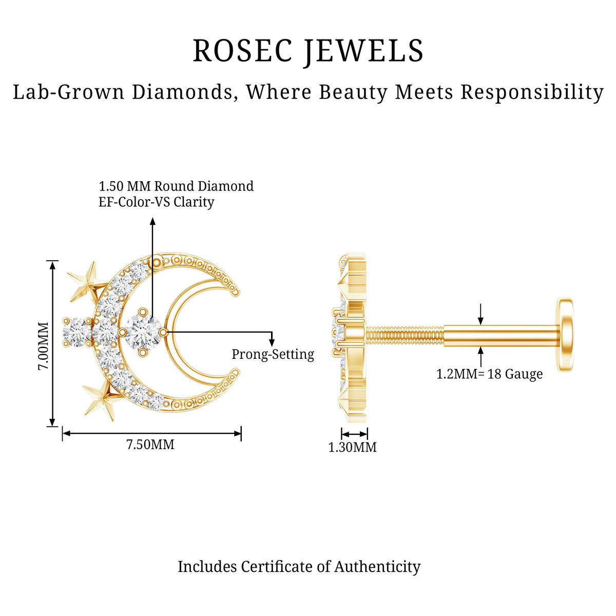 Diamond Star and Moon Earring for Helix Piercing Lab - ( EF-VS ) - Rosec Jewels