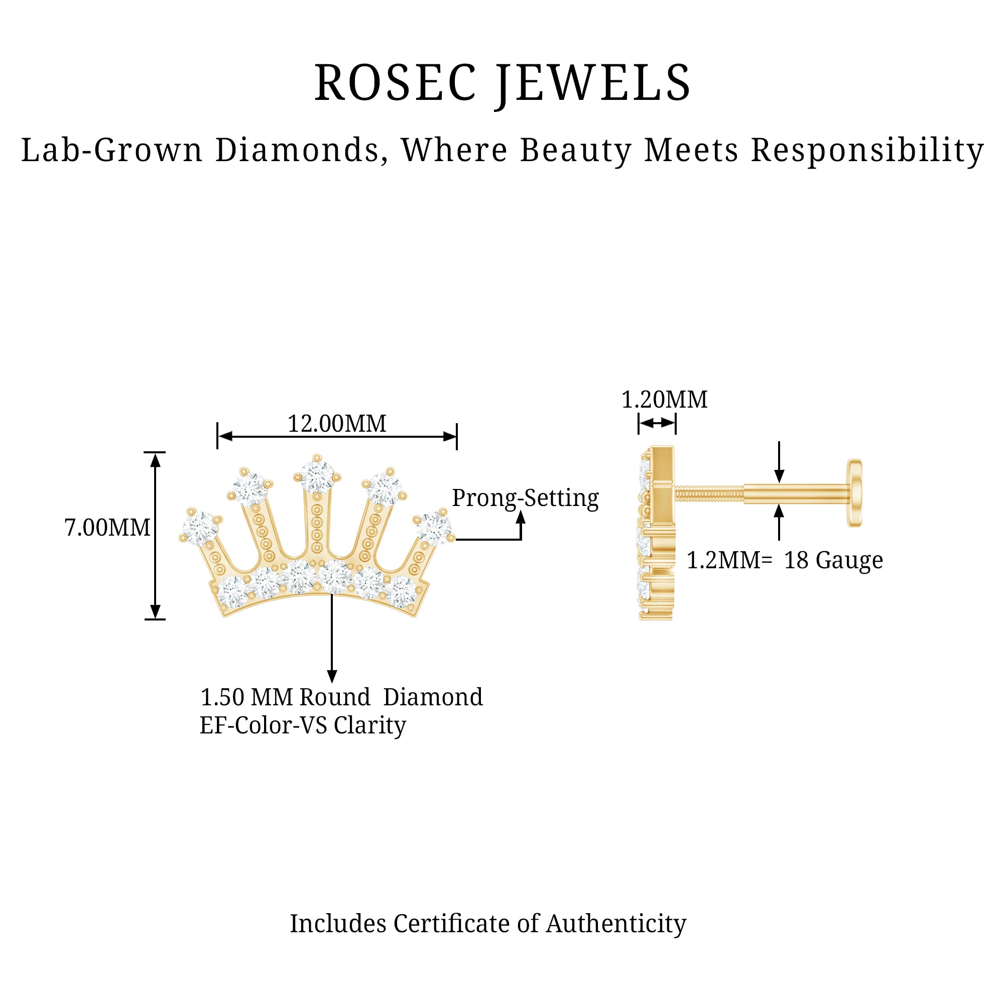 Certified Diamond Crown Earring for Helix Piercing Lab - ( EF-VS ) - Rosec Jewels