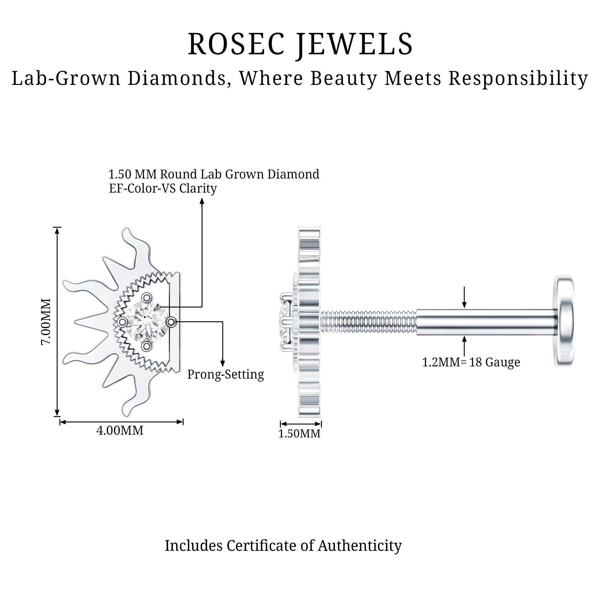 Diamond Half Sun Tragus Earring Lab - ( EF-VS ) - Rosec Jewels