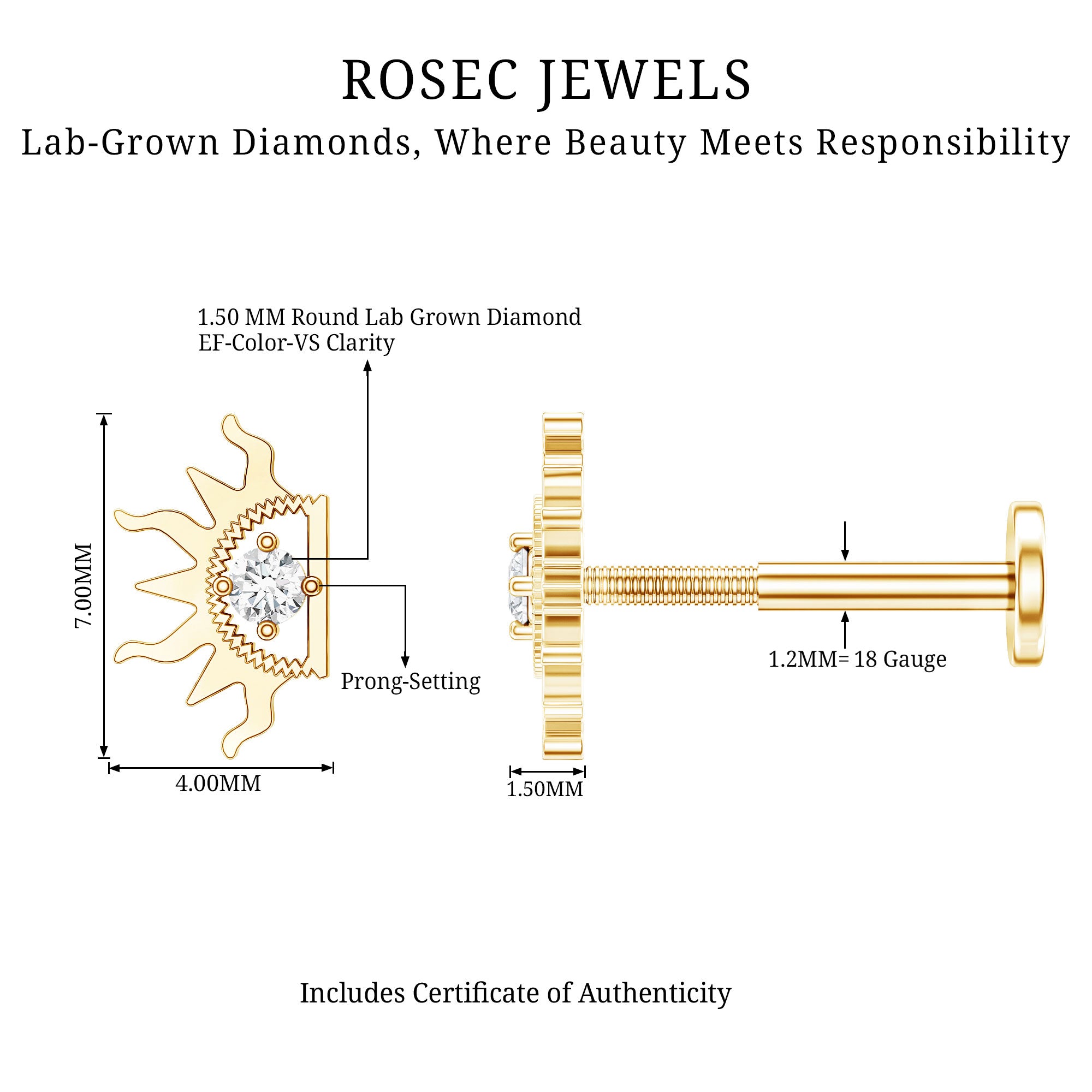 Diamond Half Sun Tragus Earring Lab - ( EF-VS ) - Rosec Jewels