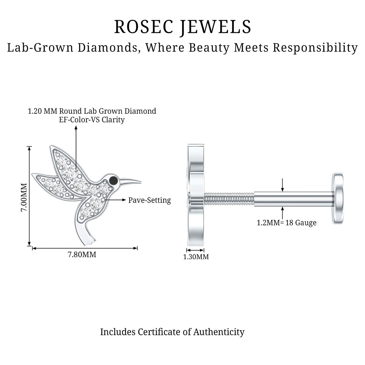 Diamond Hummingbird Earring for Helix Piercing Lab - ( EF-VS ) - Rosec Jewels