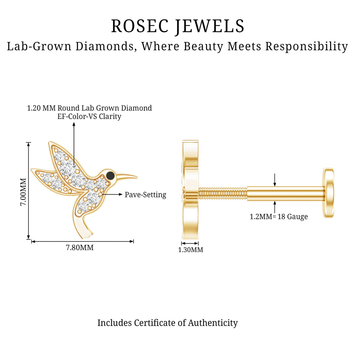 Diamond Hummingbird Earring for Helix Piercing Lab - ( EF-VS ) - Rosec Jewels