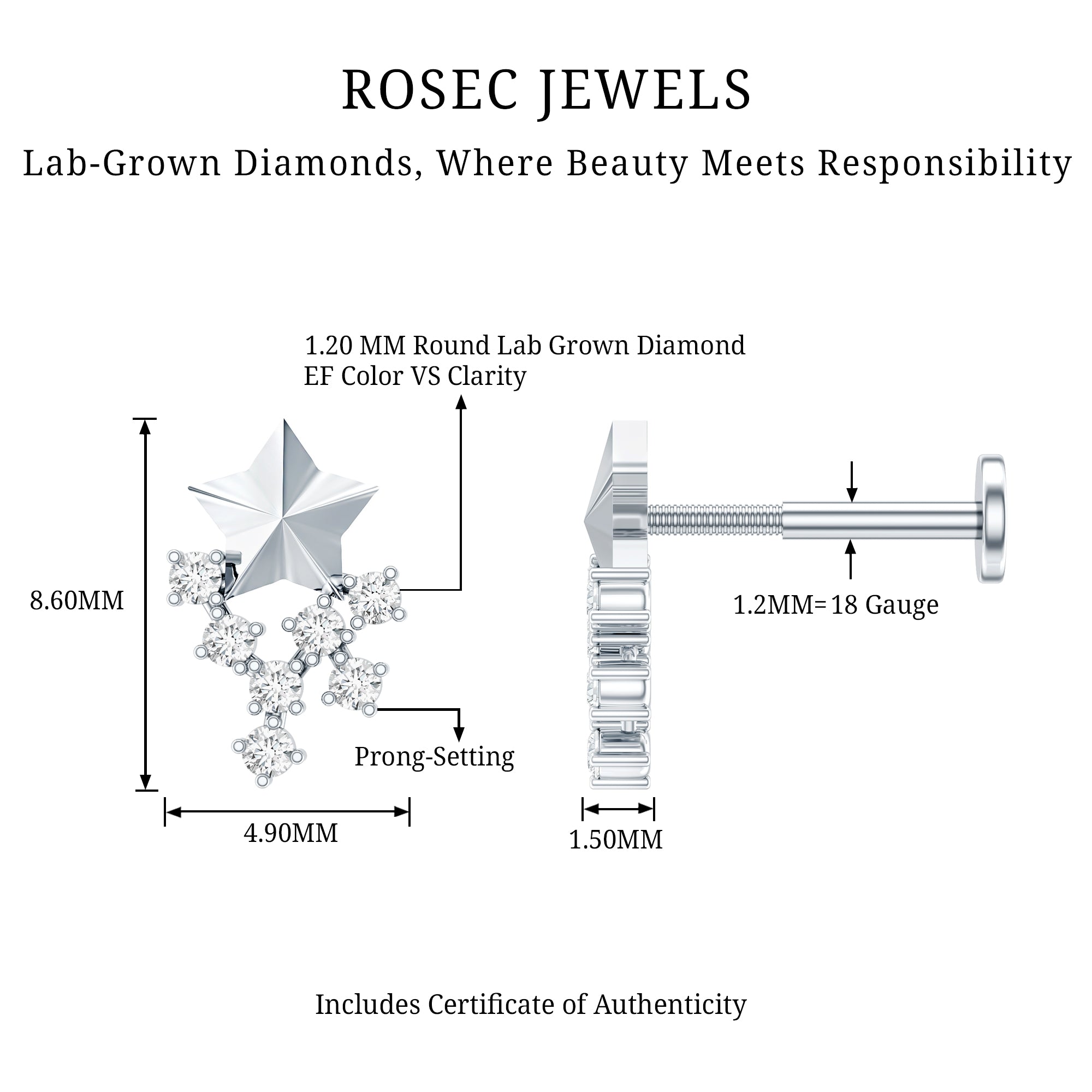 Diamond Star Celestial Earring for Tragus Piercing Lab - ( EF-VS ) - Rosec Jewels
