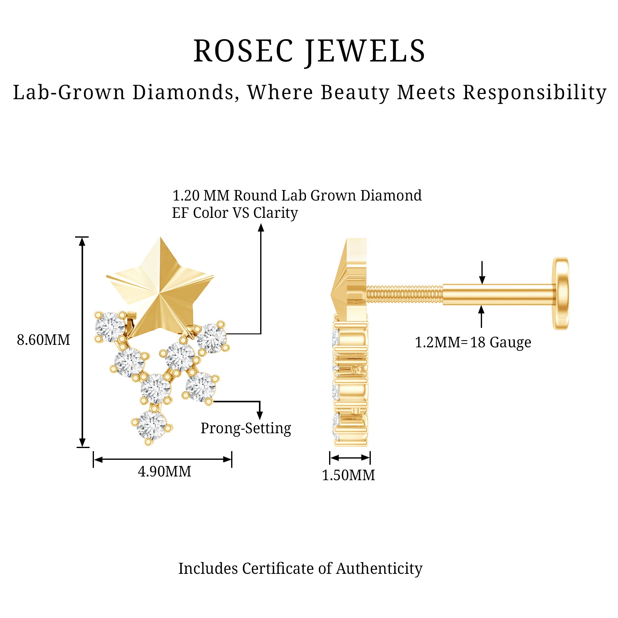 Diamond Star Celestial Earring for Tragus Piercing Lab - ( EF-VS ) - Rosec Jewels