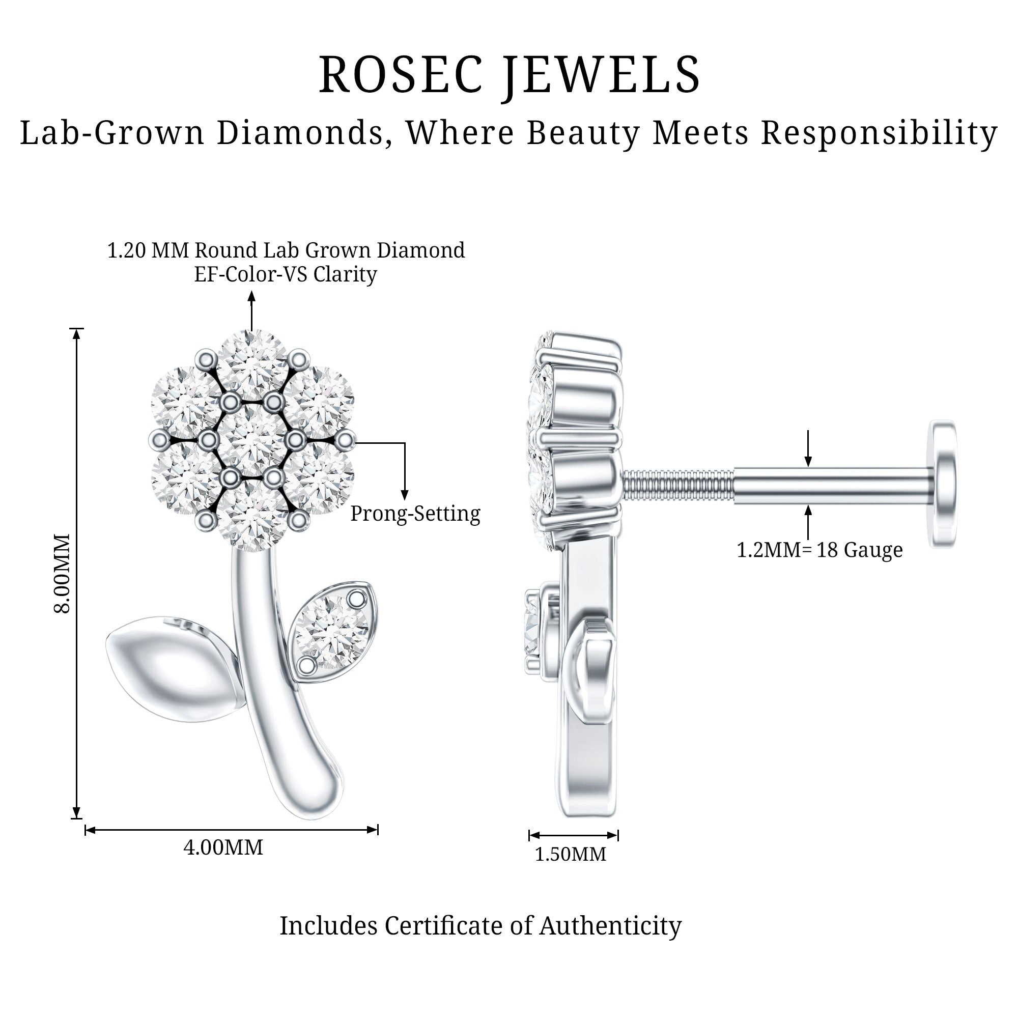 Diamond Flower Helix Earring Lab - ( EF-VS ) - Rosec Jewels