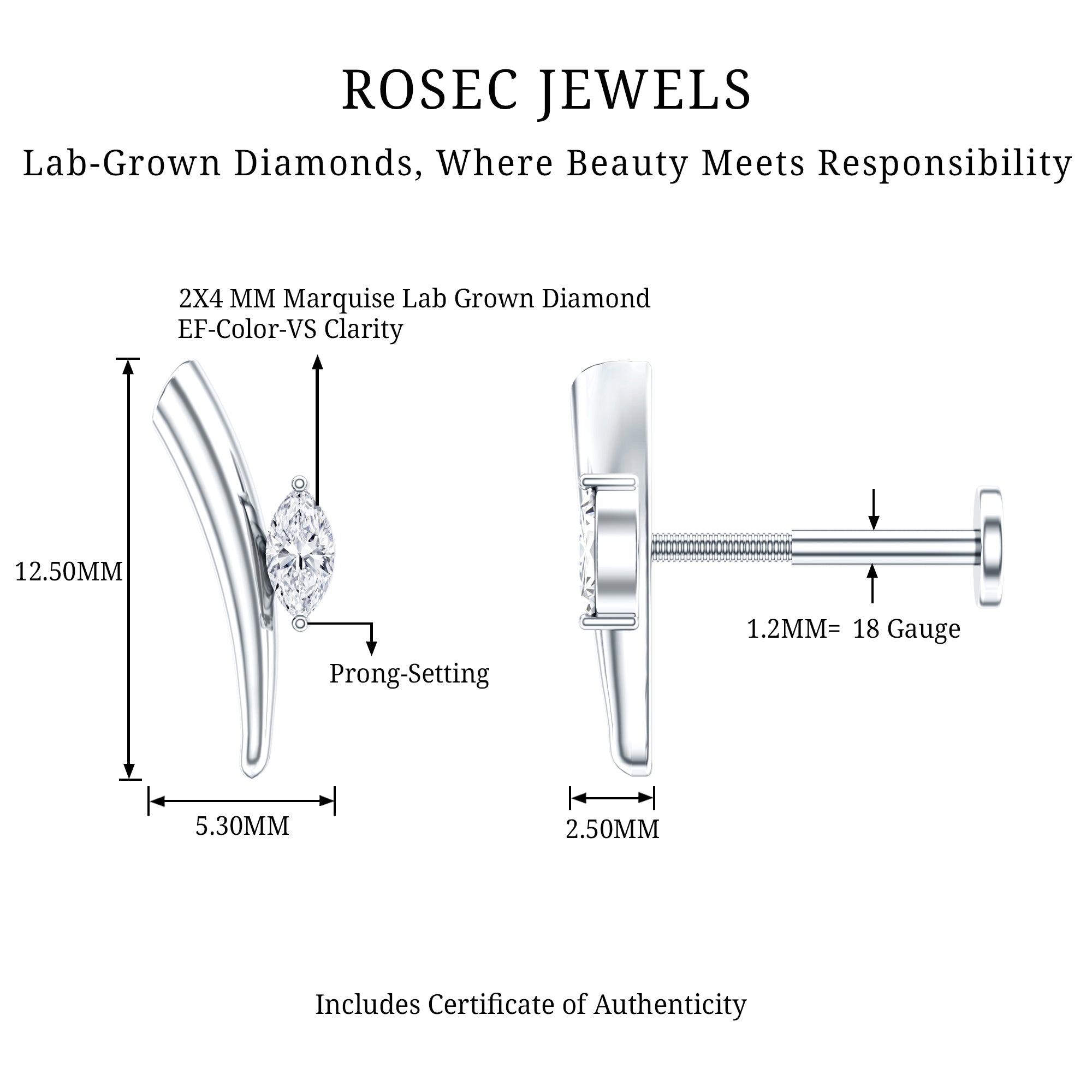 Marquise Cut Diamond Solitaire Earring for Tragus Piercing Lab - ( EF-VS ) - Rosec Jewels