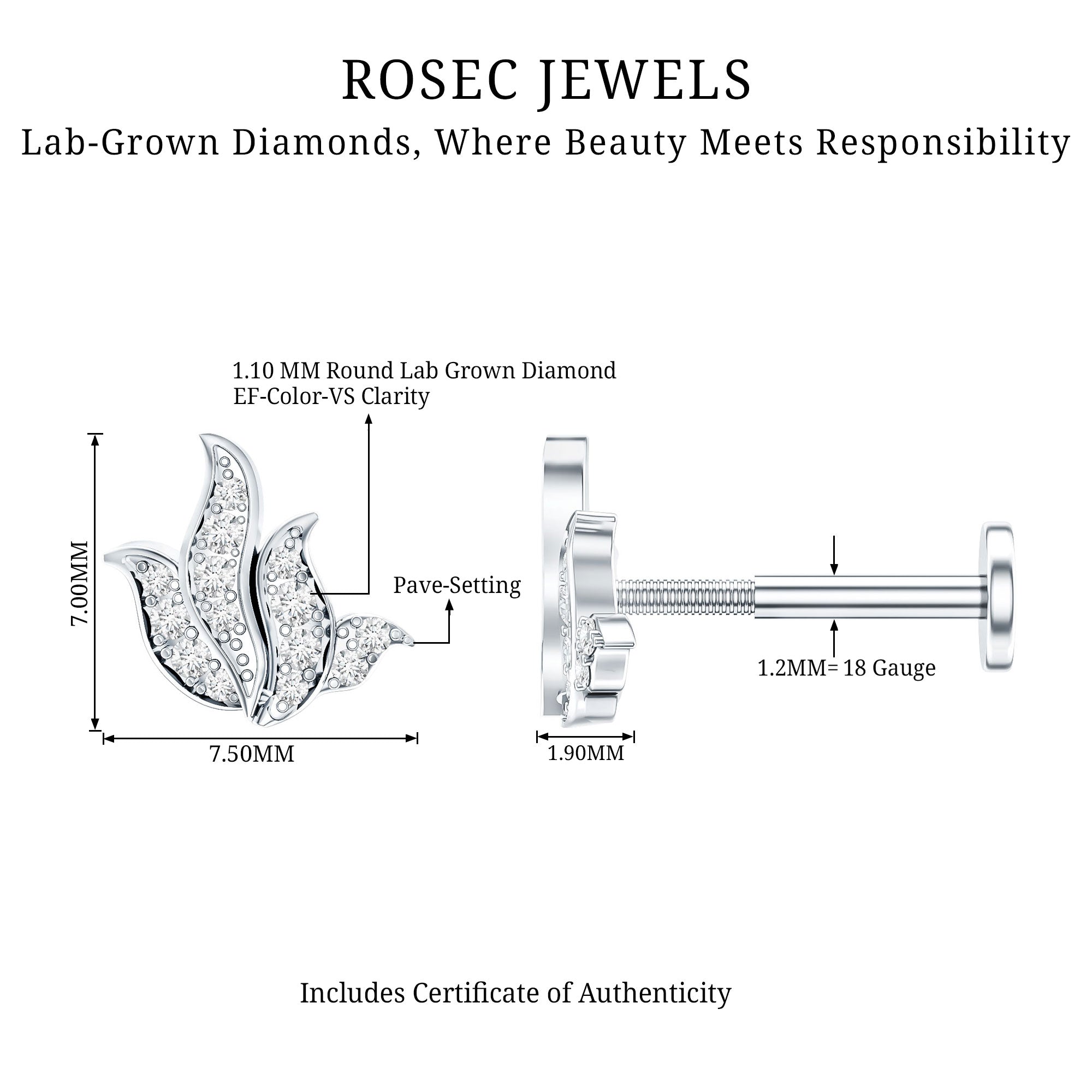 Diamond Leaf Helix Earring for Women Lab - ( EF-VS ) - Rosec Jewels