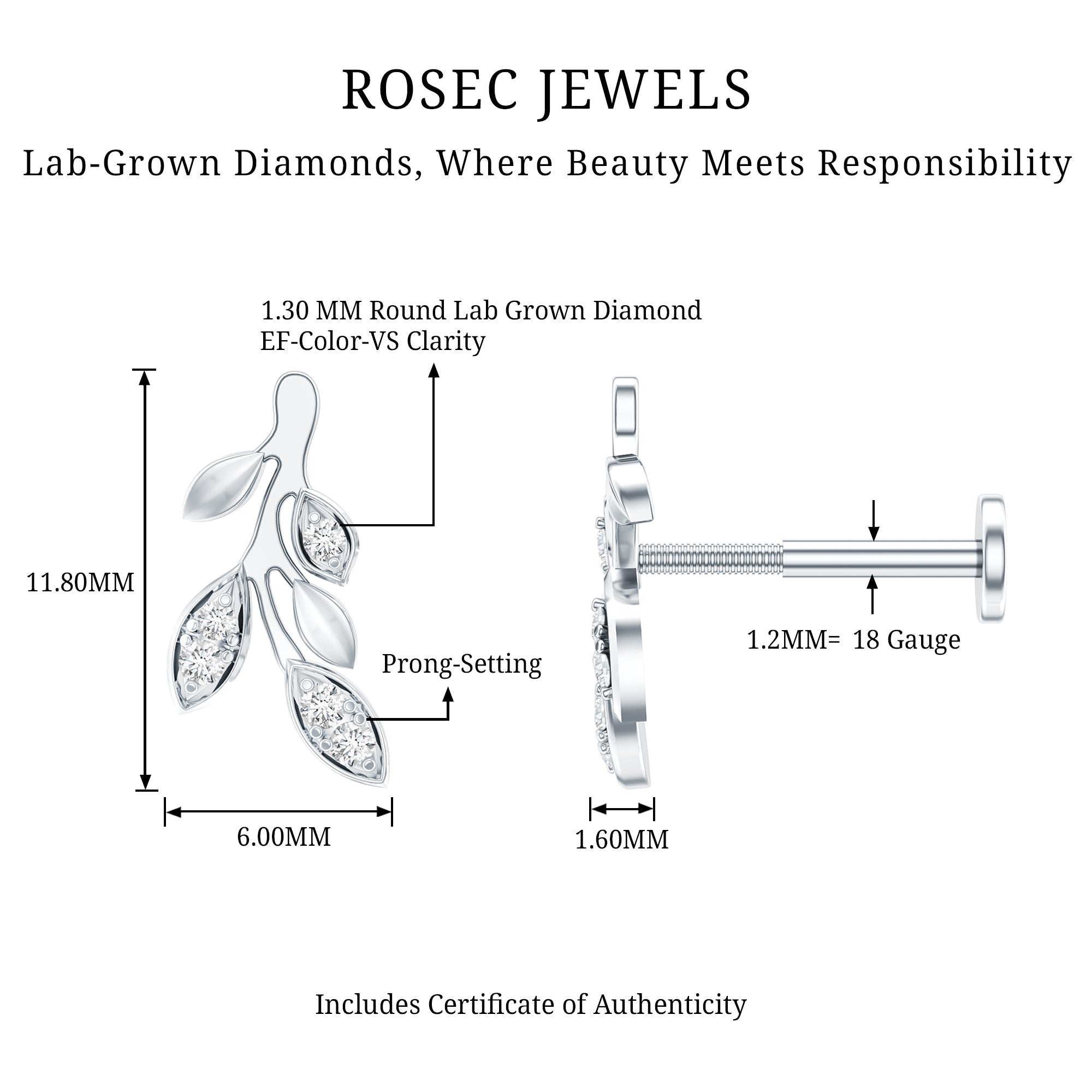 Diamond Vine Leaf Earring for Helix Piercing Lab - ( EF-VS ) - Rosec Jewels