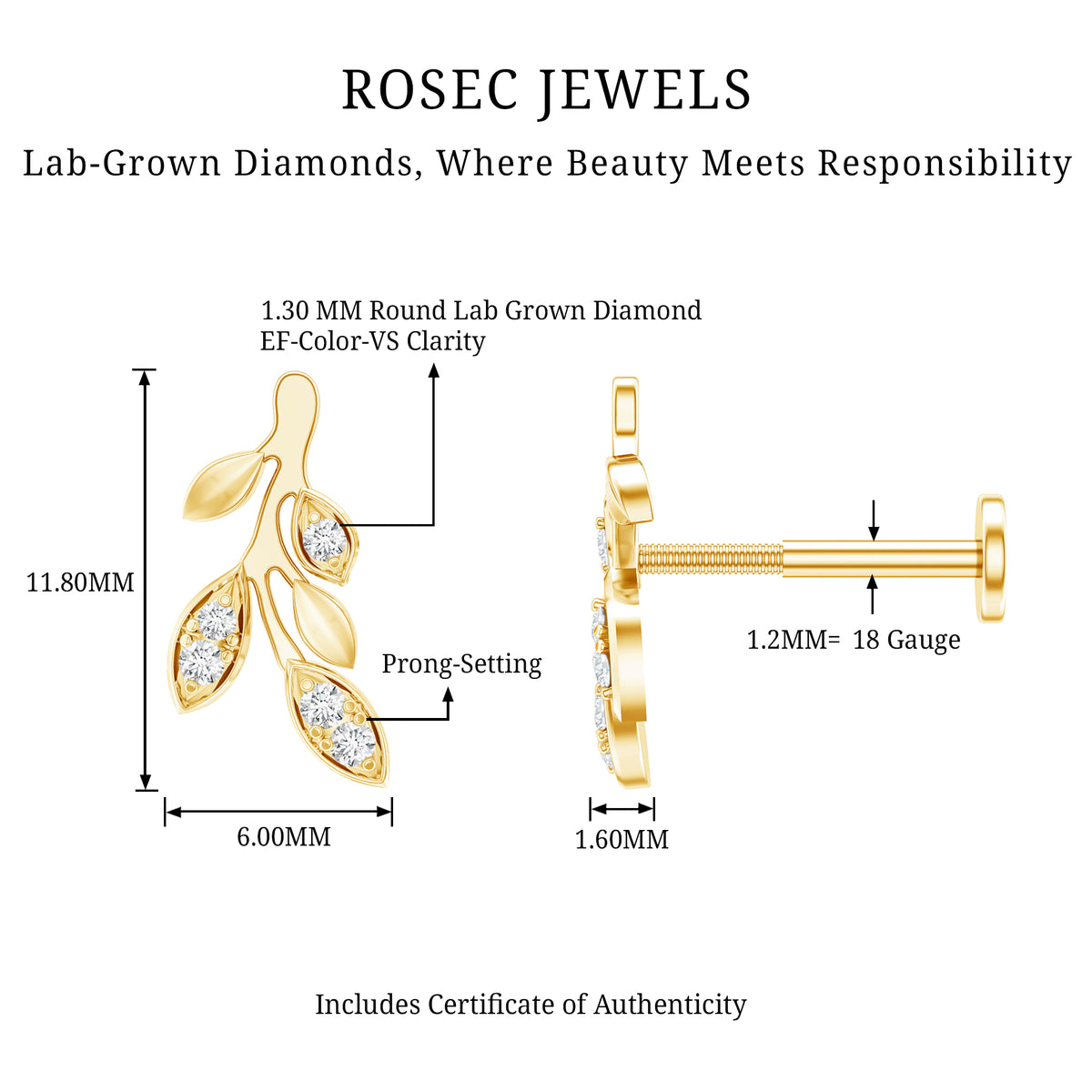 Diamond Vine Leaf Earring for Helix Piercing Lab - ( EF-VS ) - Rosec Jewels